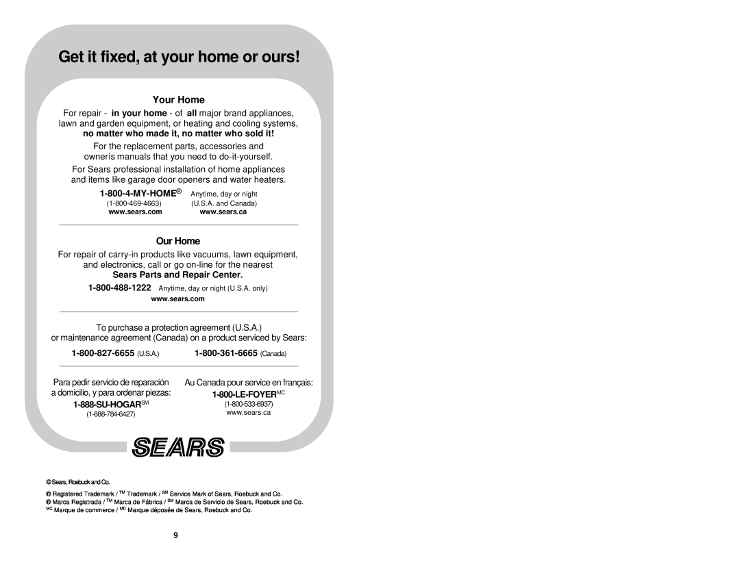 Sears 900.74526 My-Home, Sears Parts and Repair Center, Su-Hogarsm, Le-Foyermc, Get it fixed, at your home or ours 