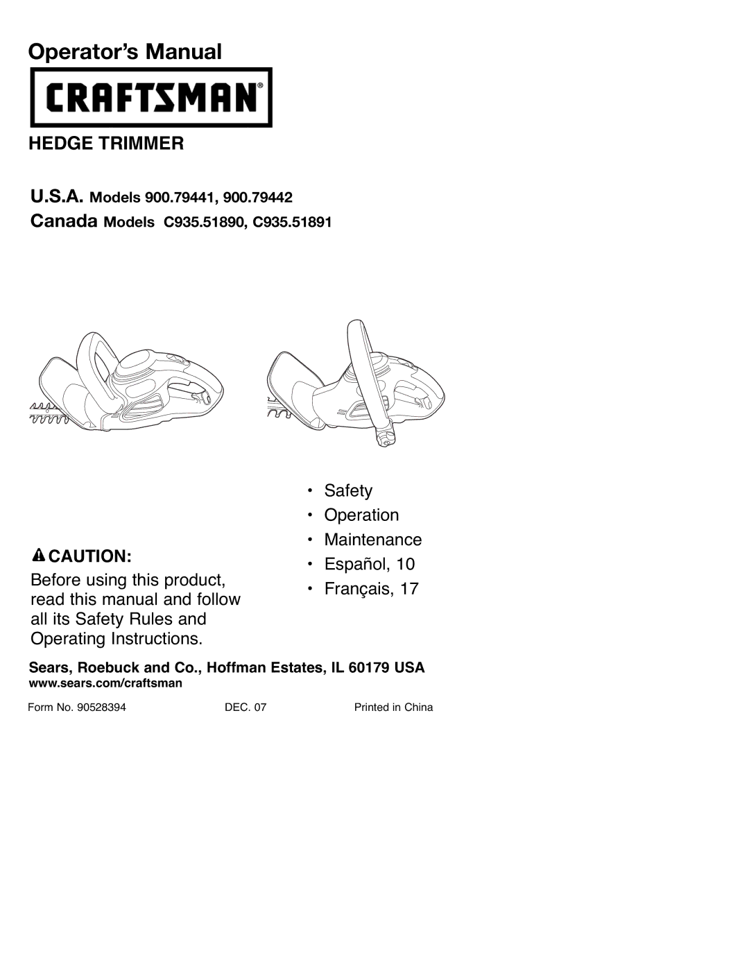 Sears 900.79442, 900.79441, C935.51891, C935.51890 manual Operator’s Manual 