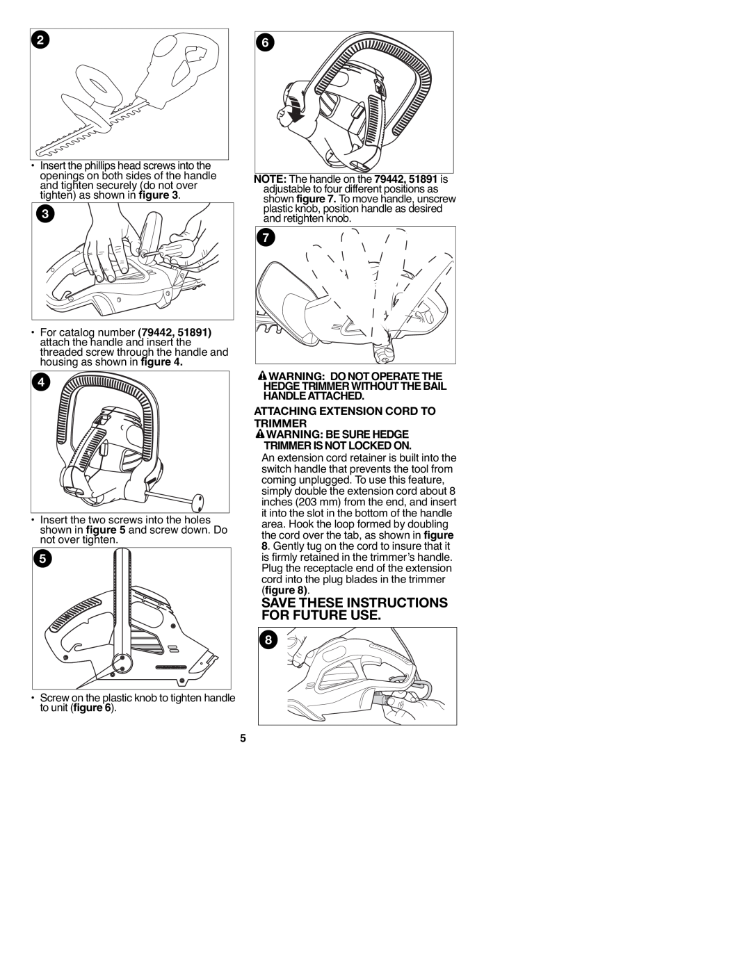 Sears 900.79442, 900.79441, C935.51891 manual Attaching Extension Cord To Trimmer, Save These Instructions For Future Use 