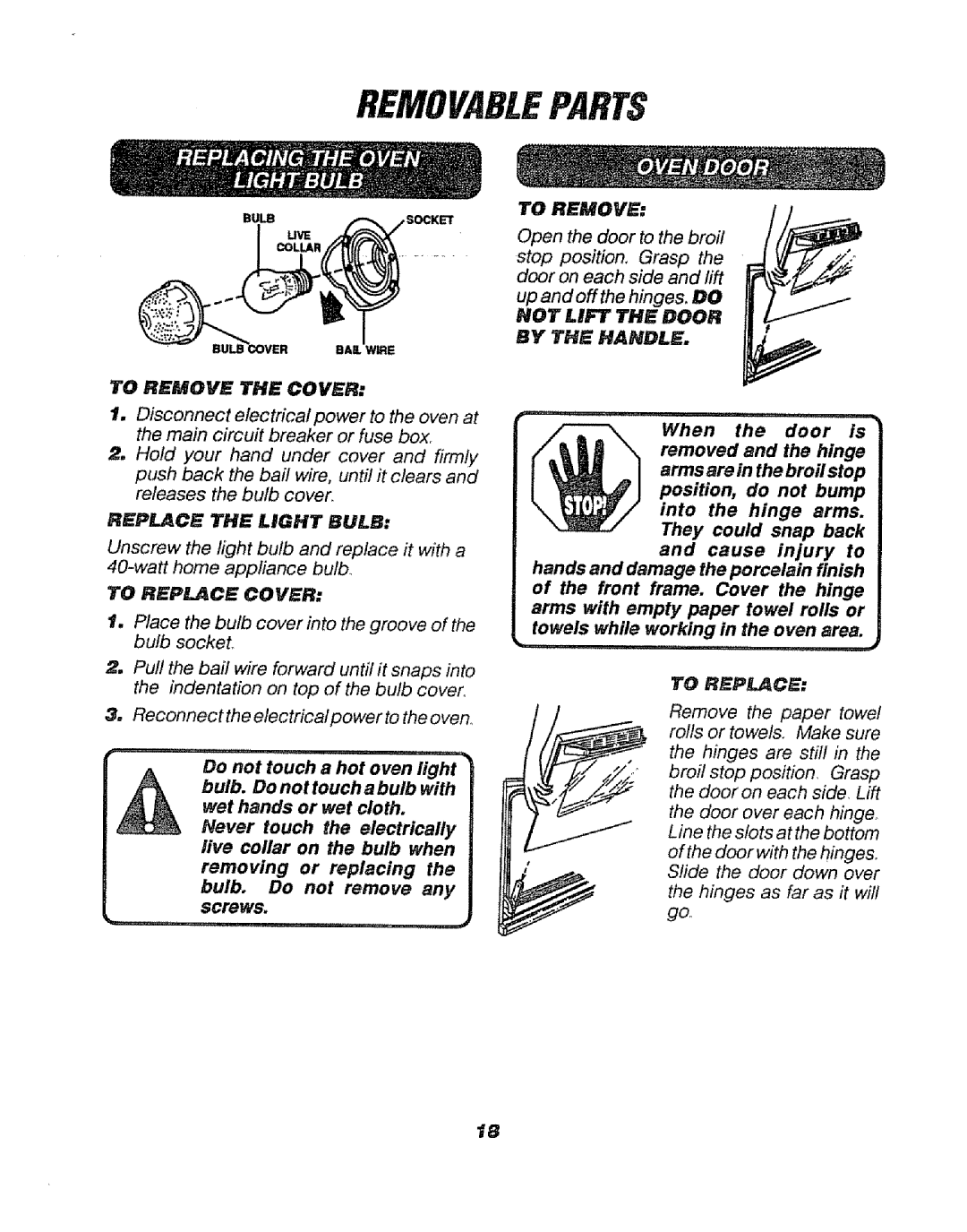 Sears 911. 47169 owner manual Removableparts, To Remove, Replace the Light Bulb, To Repce Cover, By the Handle 