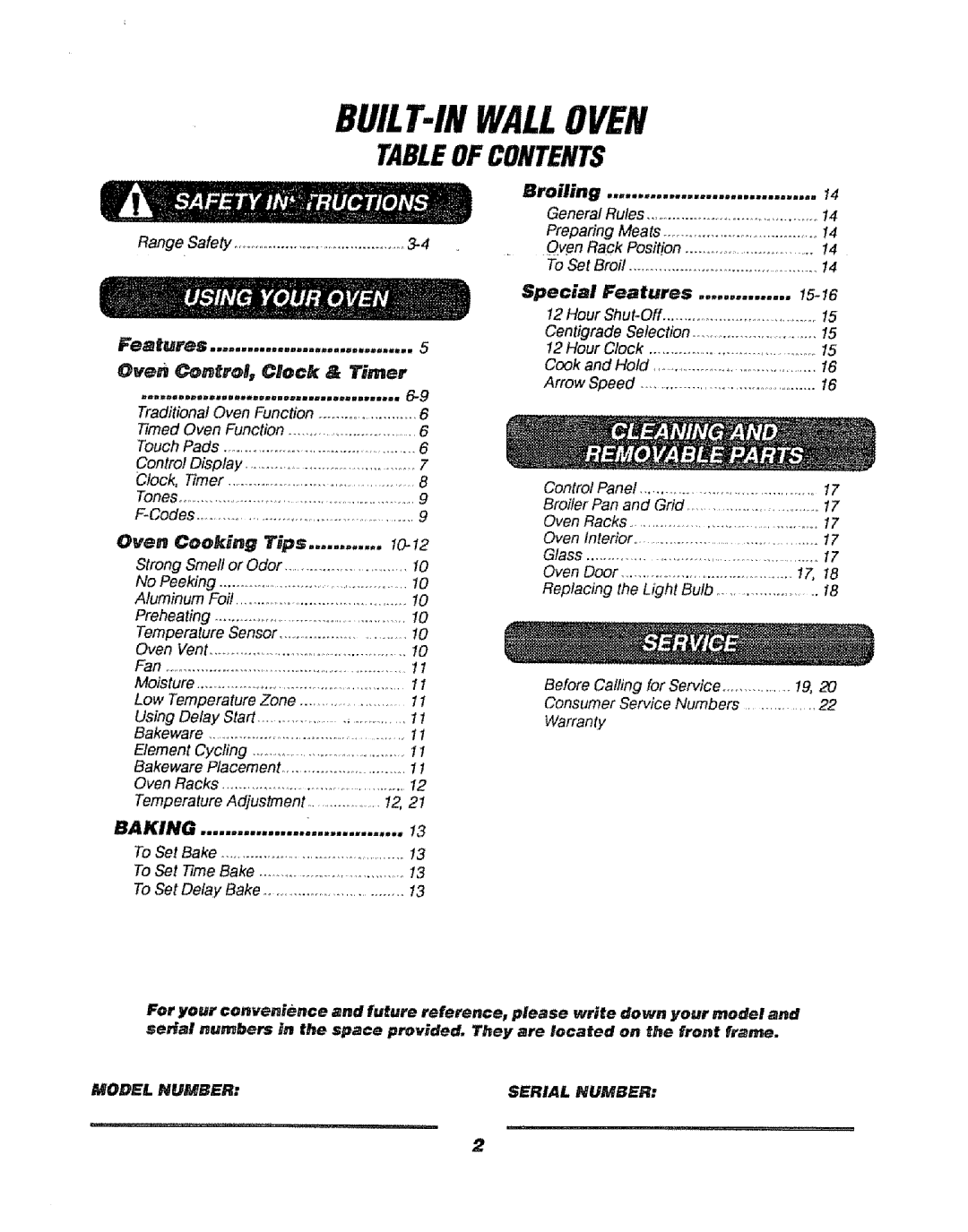 Sears 911. 47169 owner manual BUlLT-IN Walloven, Tableofcontents 