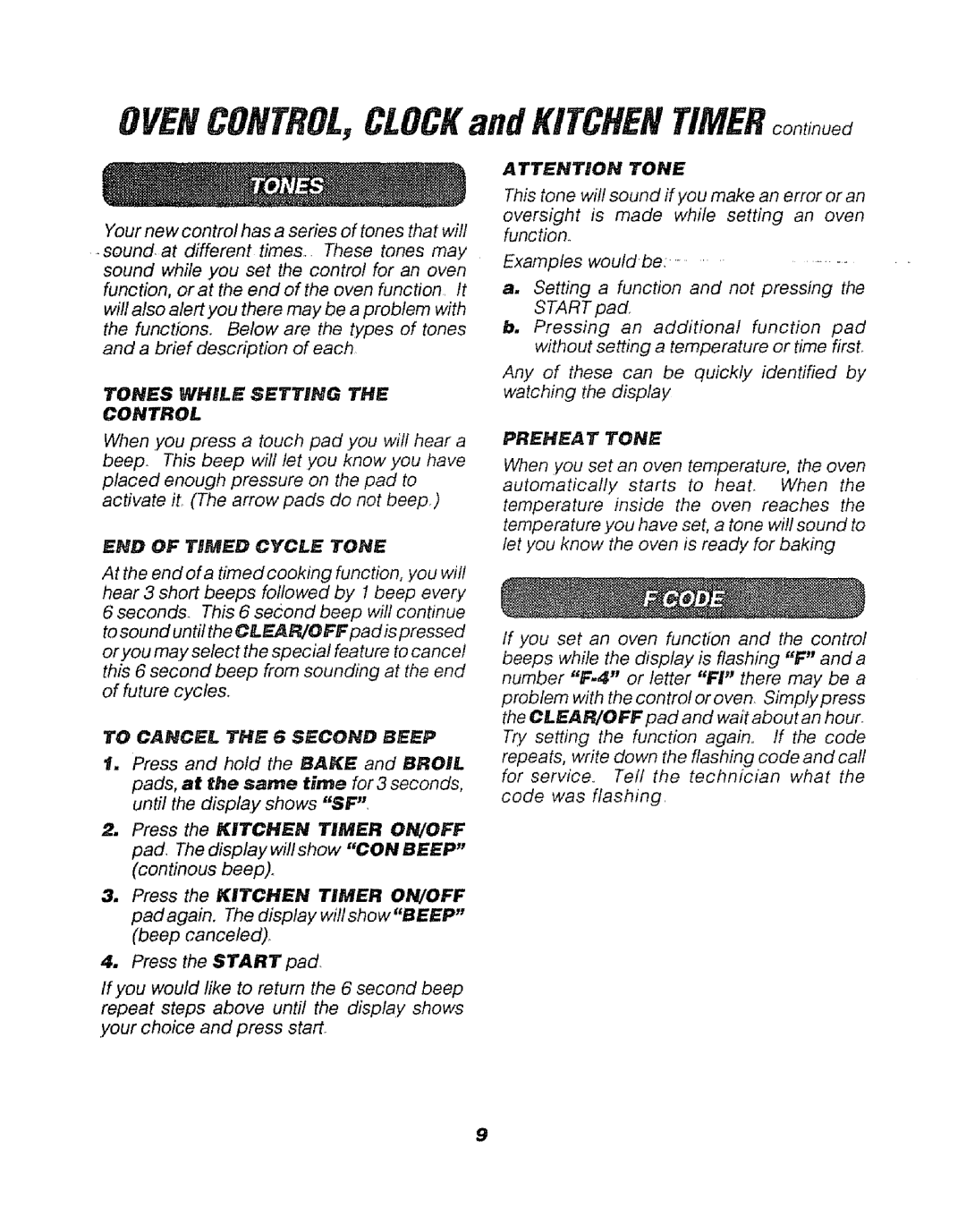 Sears 911. 47169 owner manual Tones While Setting, Control, To Cancel the 5 Second Beep, Prenea T Tone 