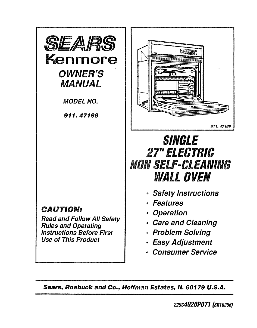 Sears 911. 47169 owner manual 911.47169, Kenmore, SINGLE 27 ELECTRIC NONSELFoCLEANiNG, Care and Cleaning Problem Solving 
