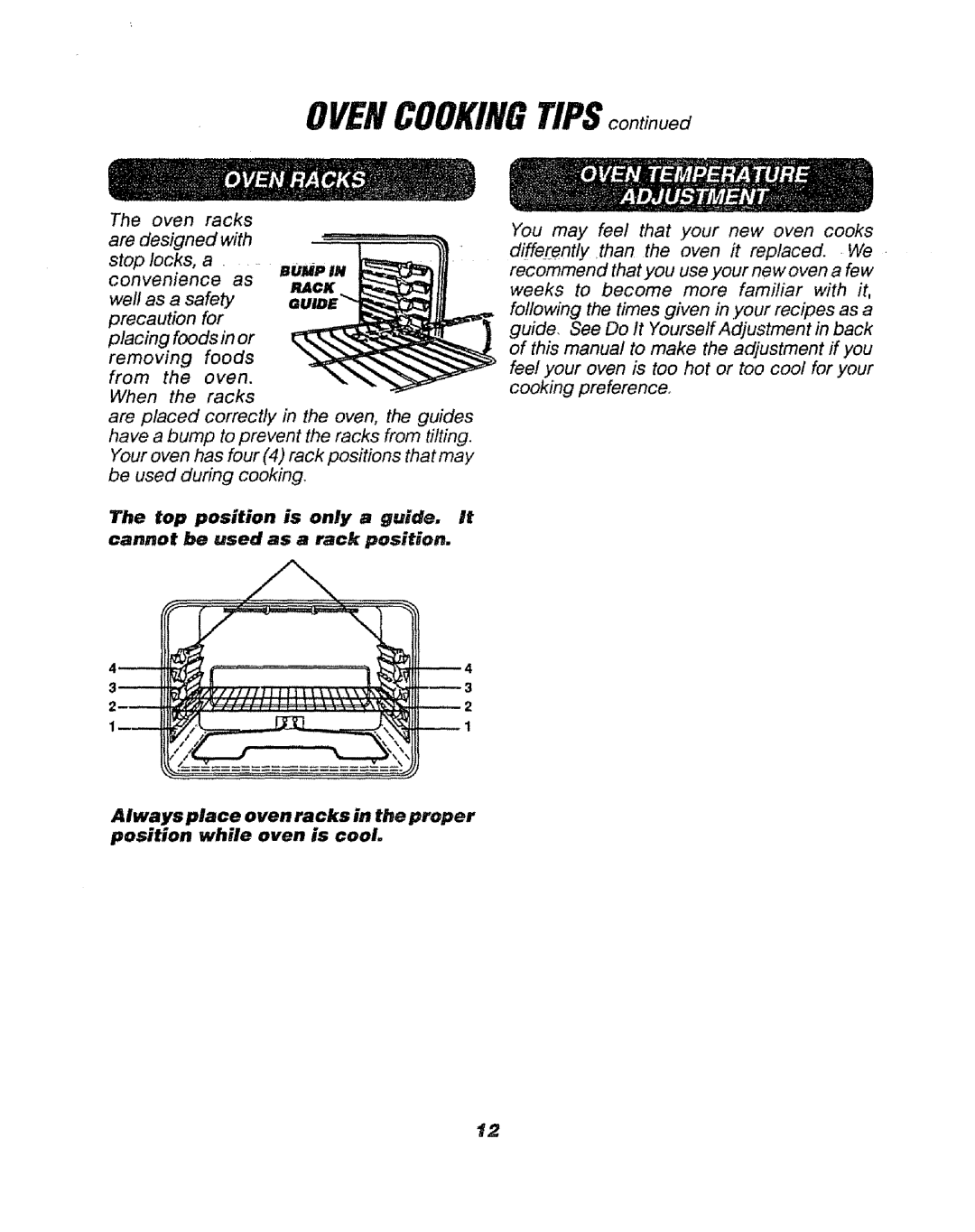 Sears 911. 47169 owner manual OVENCOOKINGTIPScontinued, Always place oven racks in the proper, position while oven is cool 