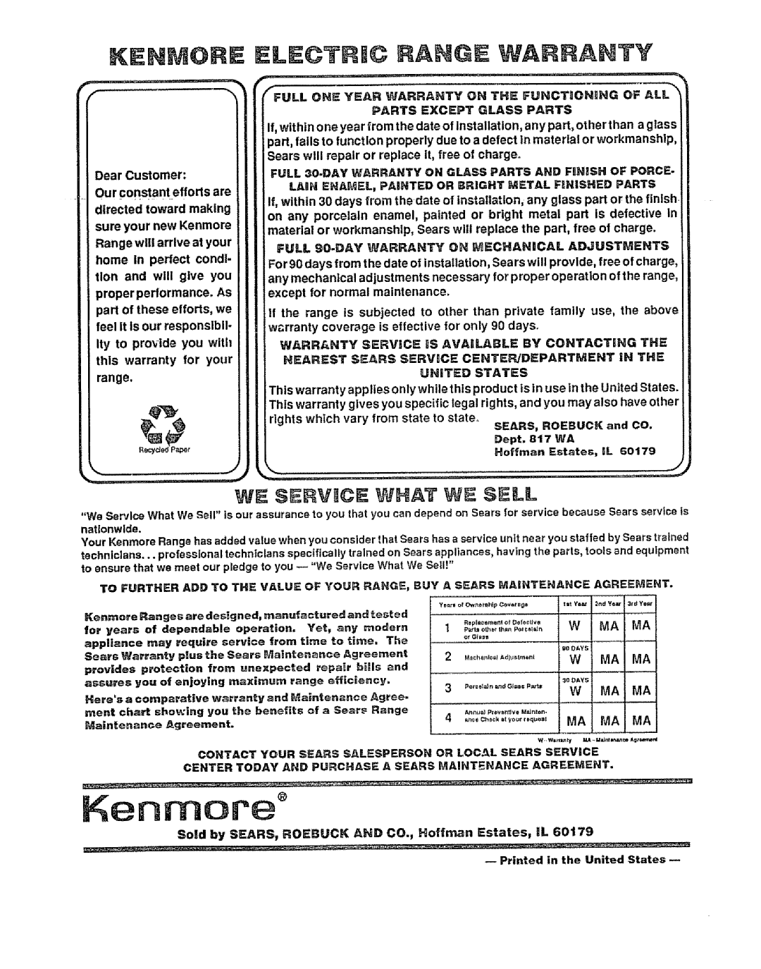 Sears 911. 47169 owner manual Kenmore, WE $t RVICE WHAT WE SF-LL 