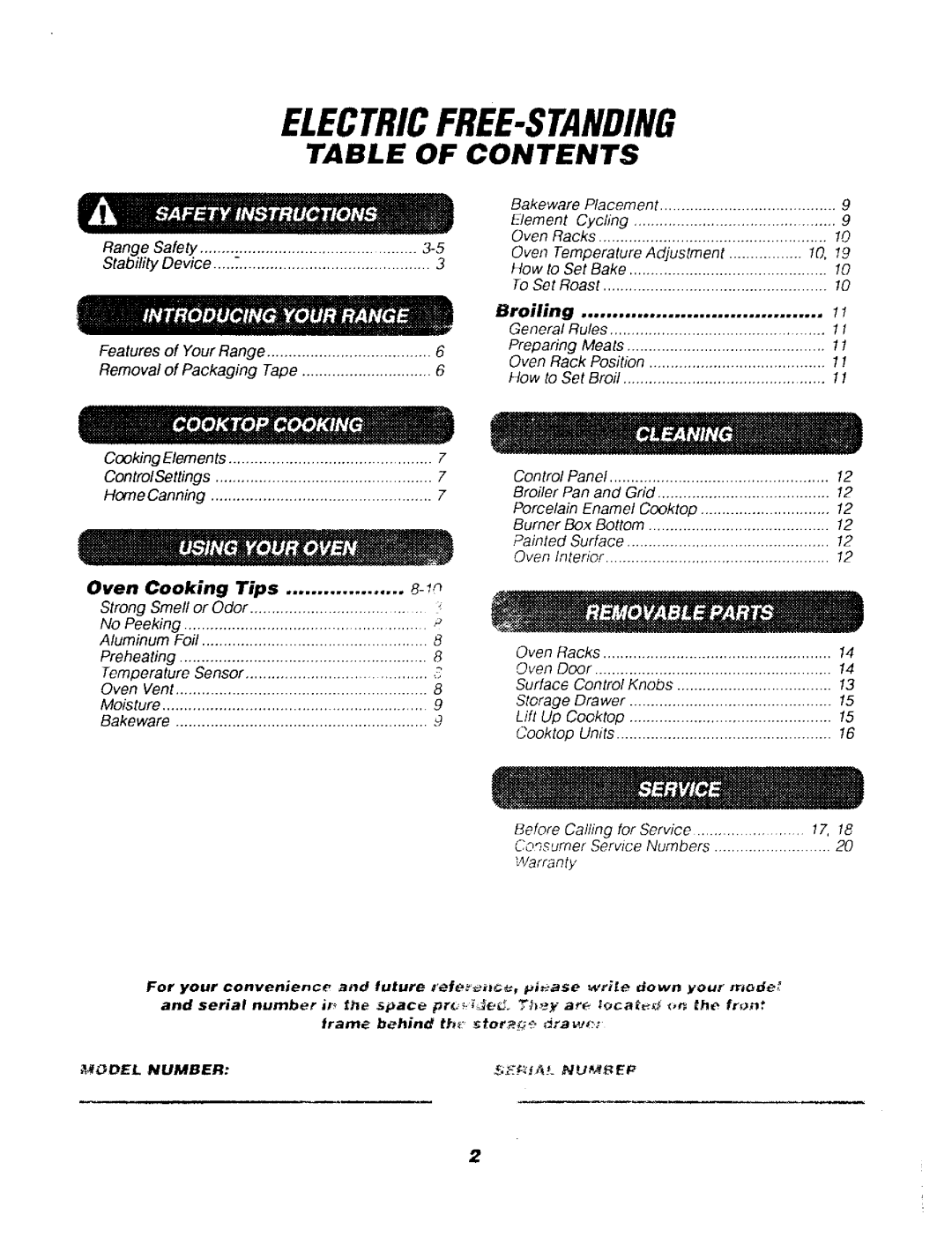 Sears 911. 62048, 911. 62078, 911. 62071, 911. 62041 owner manual Electricfree-Standing, Table of Contents 