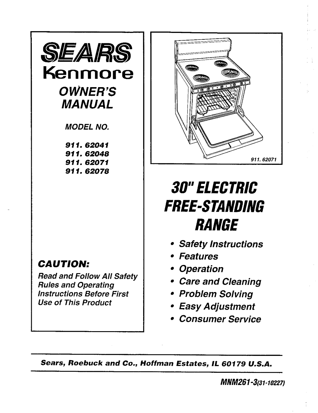 Sears 911. 62071 owner manual Owners, Ca U Tion, 911.62041, 911.62078, Sfars, Kenmore, Electric Free-Standingrange, Manual 