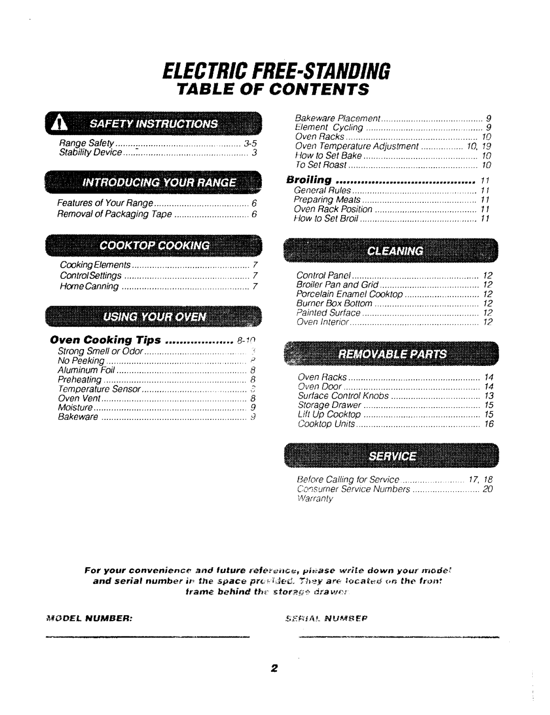 Sears 911. 62048, 911. 62078, 911. 62071, 911. 62041 owner manual Electricfree-Standing, Table Of Contents 