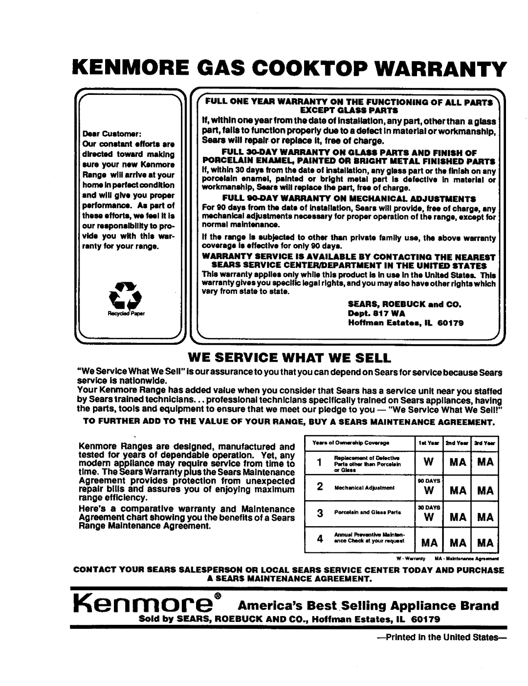 Sears 911.32359, 911.3235S owner manual Kenmore GAS Cooktop Warranty 