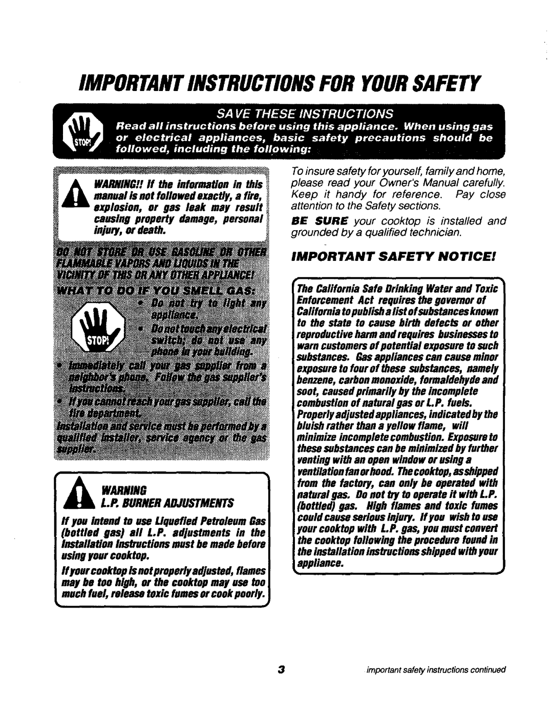 Sears 911.3235S, 911.32359 Importantinstructionsfor Yoursafety, Warning L.P. Burneradjustments, Important Safety Notice 