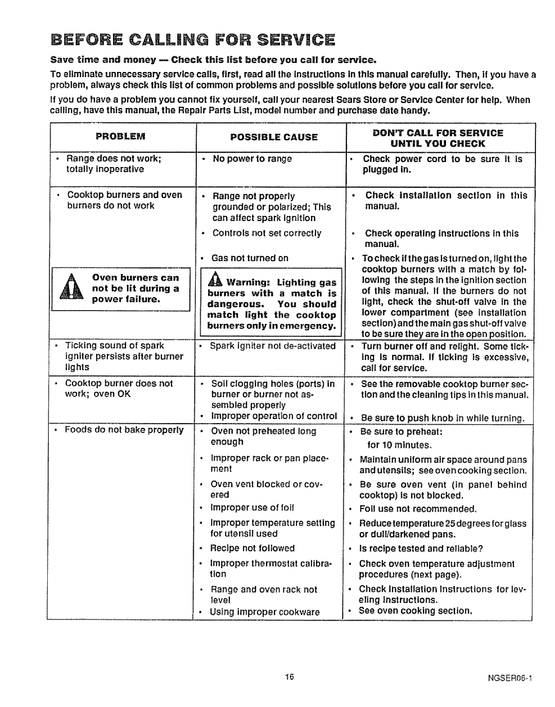 Sears 911.363209 warranty Problem, Possible Cause, Dont Call for Service Until YOU Check 