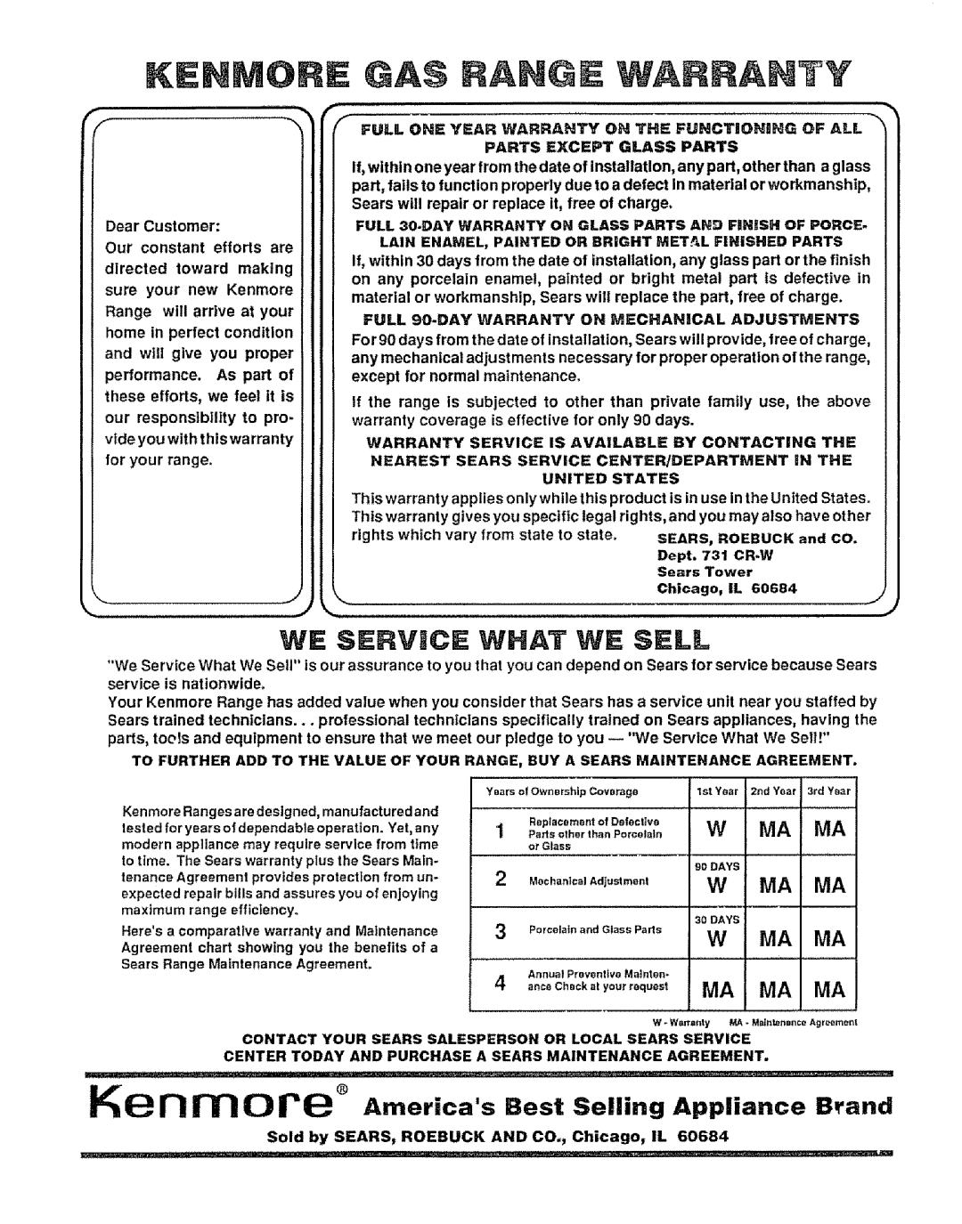 Sears 911.363209 Iii, Full 30.DAY Warranty on Glass Parts and Finish of Porce, Warranty Service is Available by Contacting 