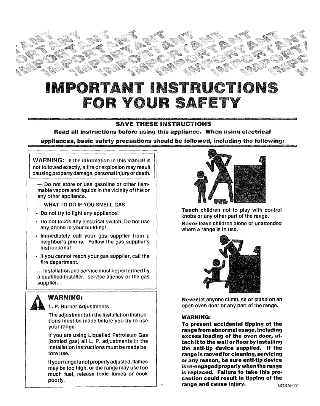 Sears 911.363209 warranty Save These, What to do if YOU Smell GAS, NGSAF17 