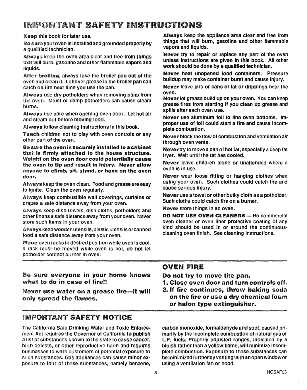 Sears 911.363209 warranty Oven Fire, Mportant Safety Notice 