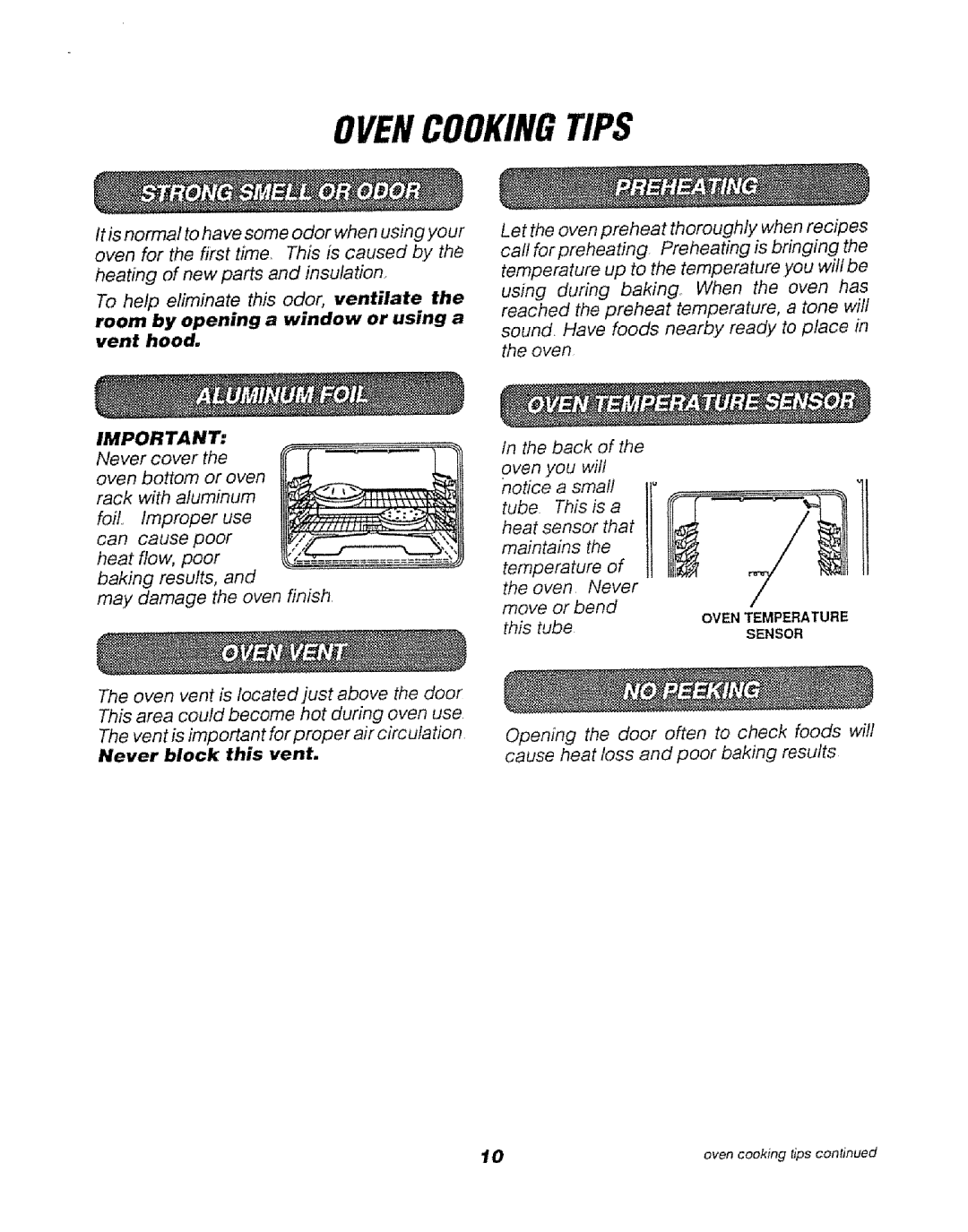 Sears 911.47469, 911.47466, 911.47465 Ovencookingtips, Vent is important for proper air circulation, Never block this vent 