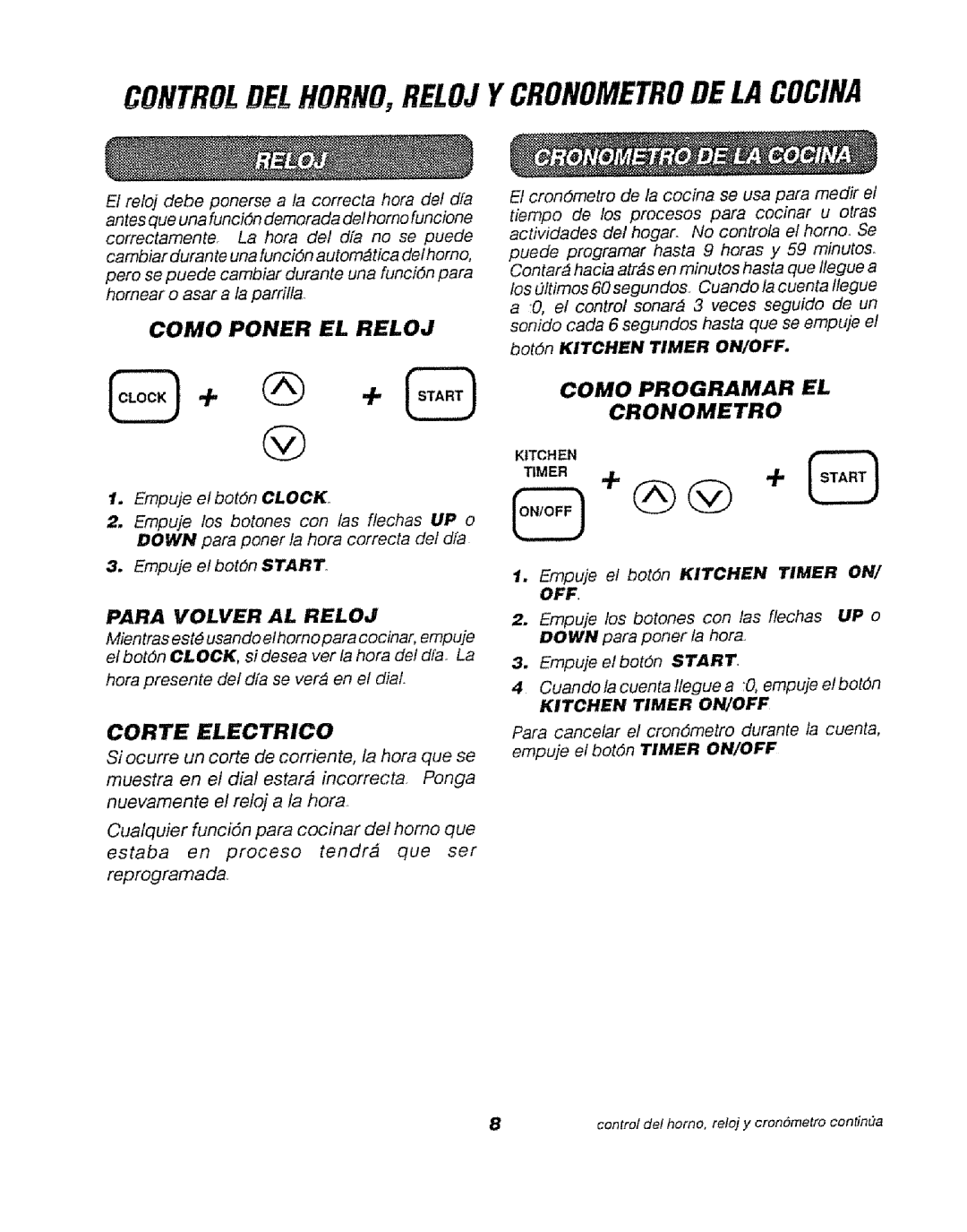 Sears 911.47466, 911.47469 manual Para Volver AL Reloj, Botdn Kitchen Timer ON/OFF, Empuje el botdn Kitchen Timer on, Off 