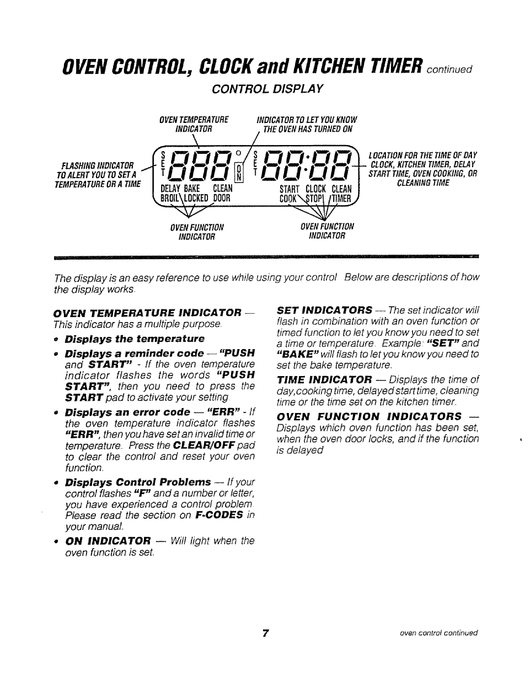 Sears 911.47469, 911.47466, 911.47465 OVENCONTROL,CLOCKand KITCHENTIMERco.tinued, Oven Temperature Indicator SET Indicators 