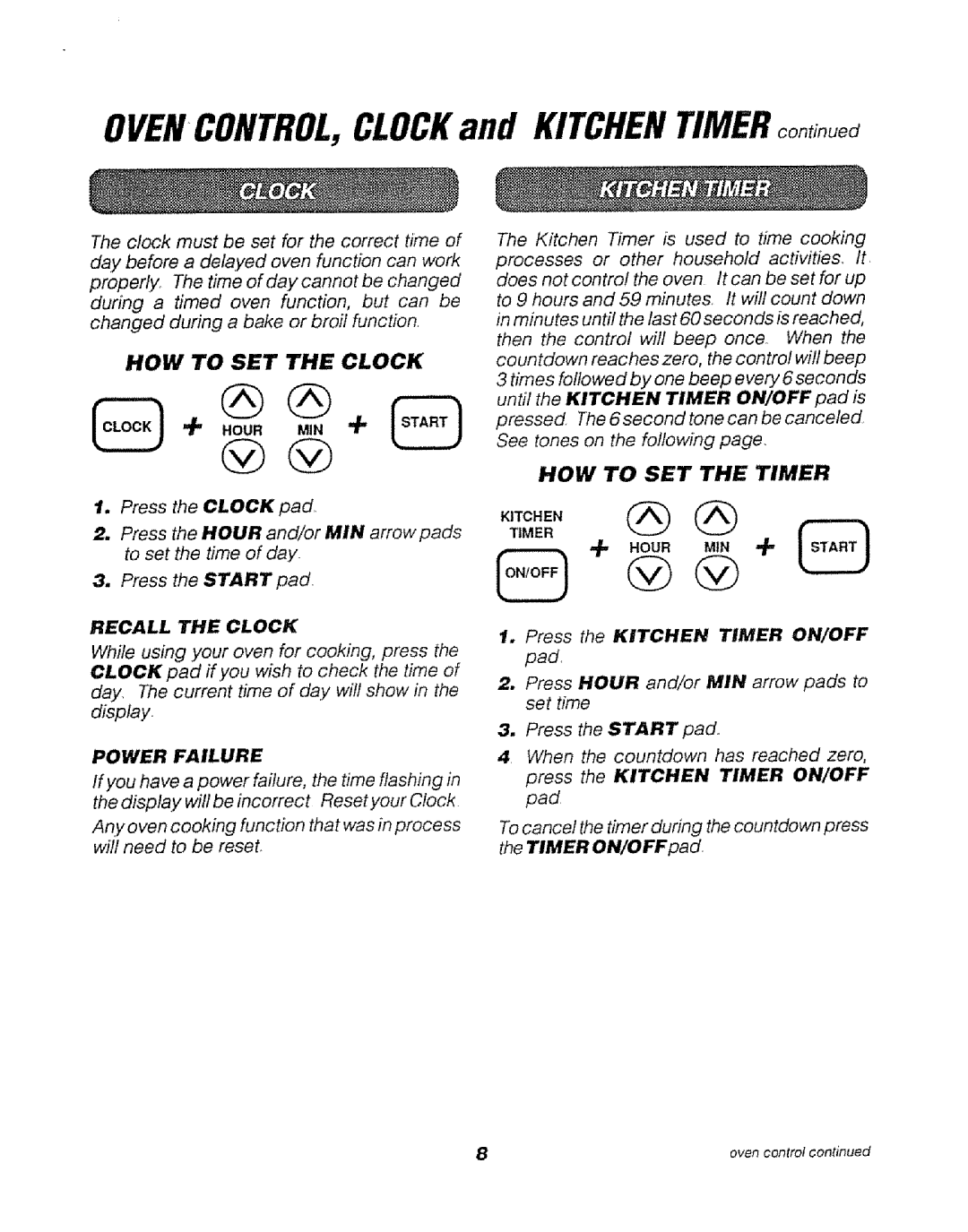 Sears 911.47465 Recall the Clock, Power Failure, Until the Kitchen Timer ON/OFF pad is, Press the Kitchen Timer ON/OFF 