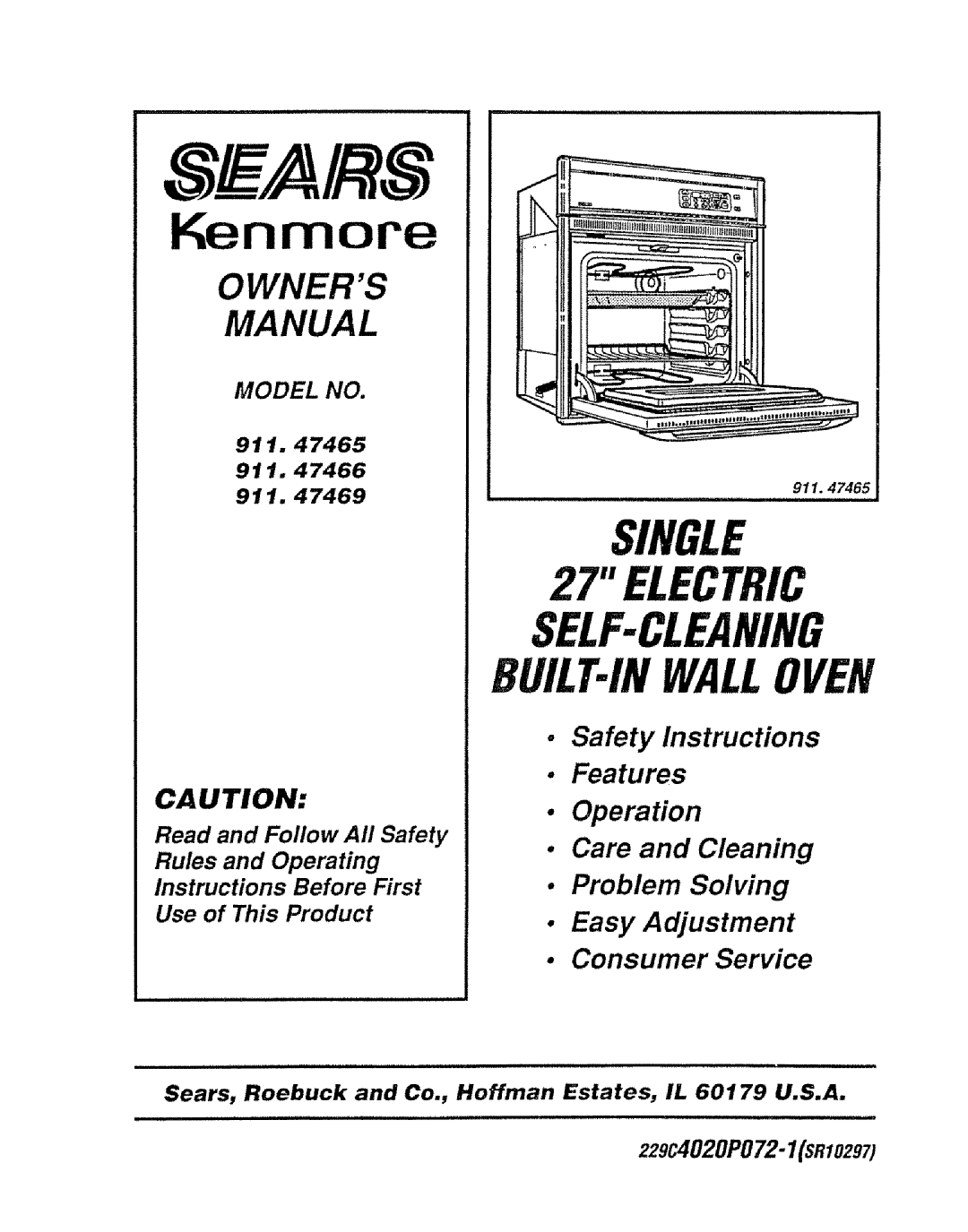 Sears 911.47469 manual Kenmore, SINGLE 27 ELECTRIC, SELF-CLEANING BUlLT-INWALL 0 VEN, Owners Manual, Model No, illl, lIHHl 