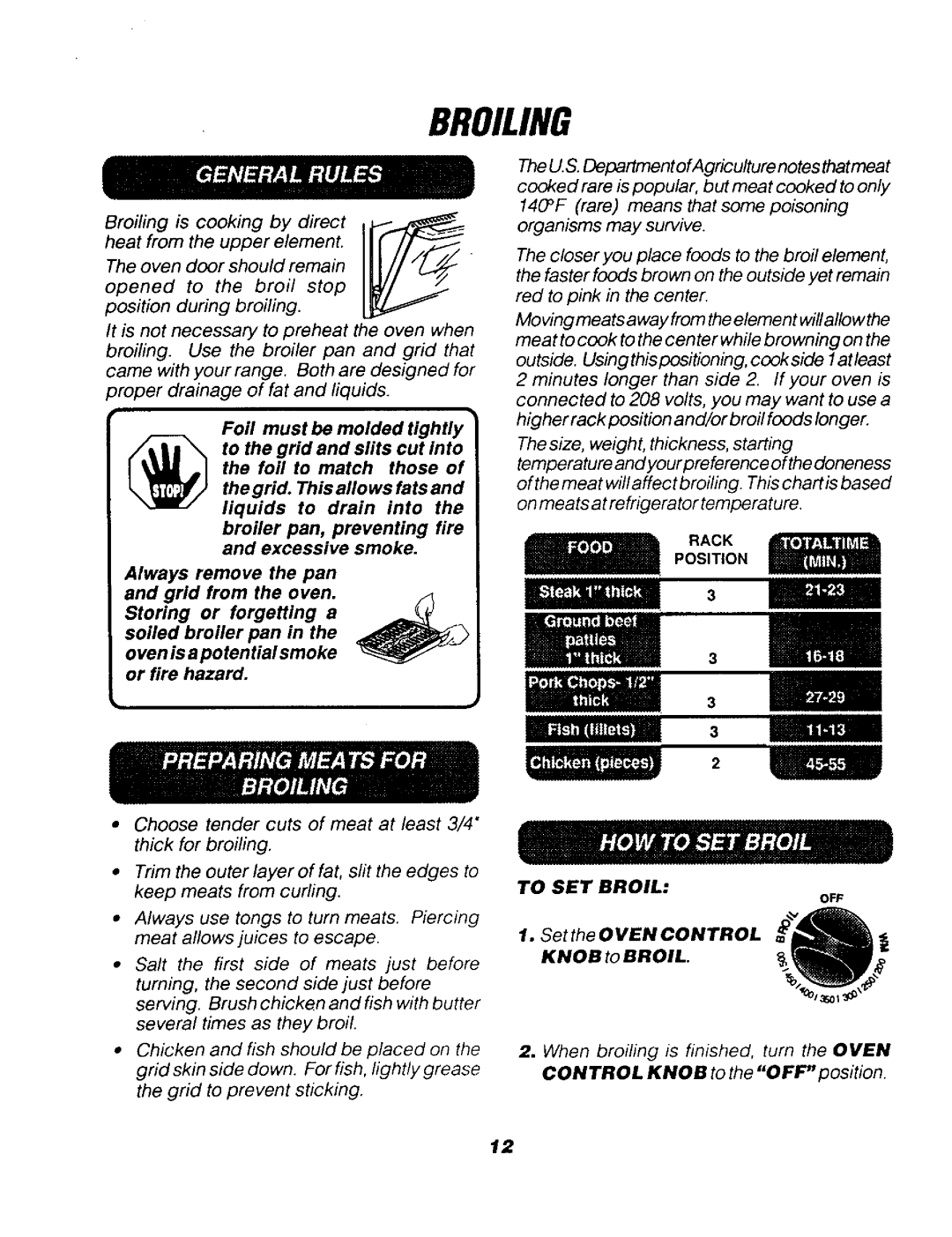 Sears 911.91461, 911.91768, 911.91765, 911.92768, 911.92761 Broiling, To SET Broil, Set the 0 VEN Control Knob to Broil 