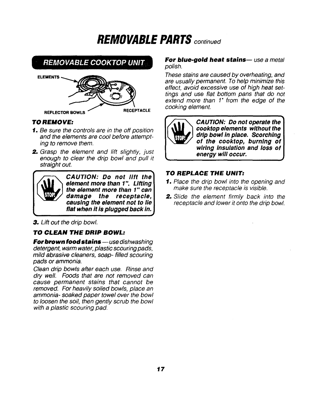 Sears 911.92761, 911.91768 To Clean the Drip Bowl, For blue-gold heat stains--use a metal polish, To Replace the Unit 