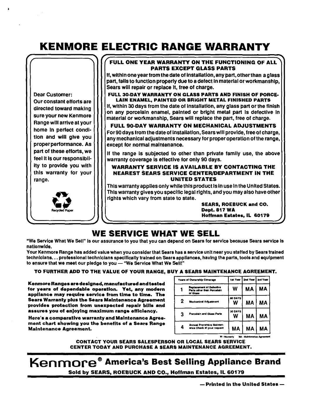 Sears 911.91765, 911.91768, 911.92768, 911.92761, 911.91468, 911.91461, 911.91761 owner manual Kenmore Electric Range Warranty 