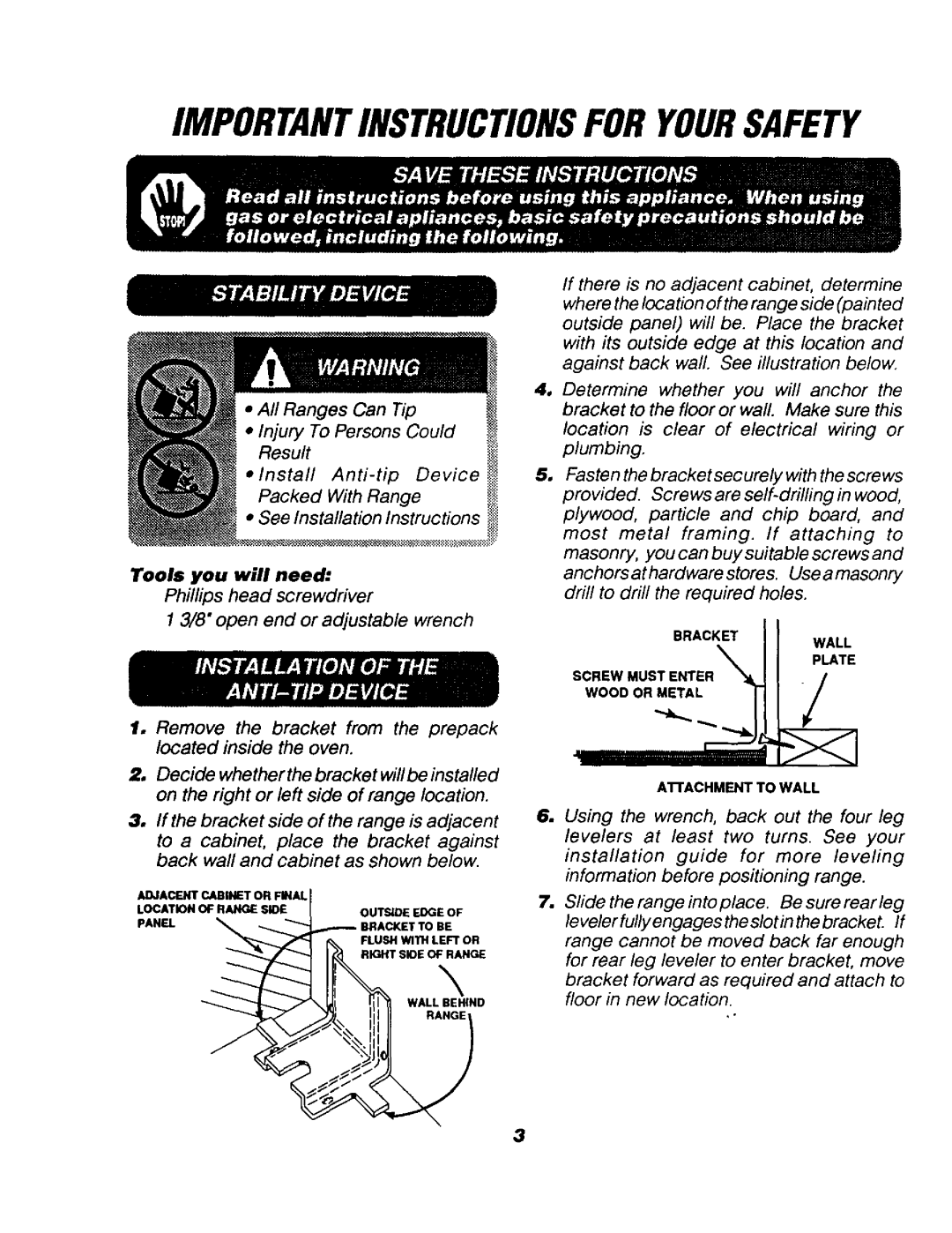 Sears 911.92761 Importantinstructionsfor Yoursafety, Remove the bracket from the prepack located inside the oven 