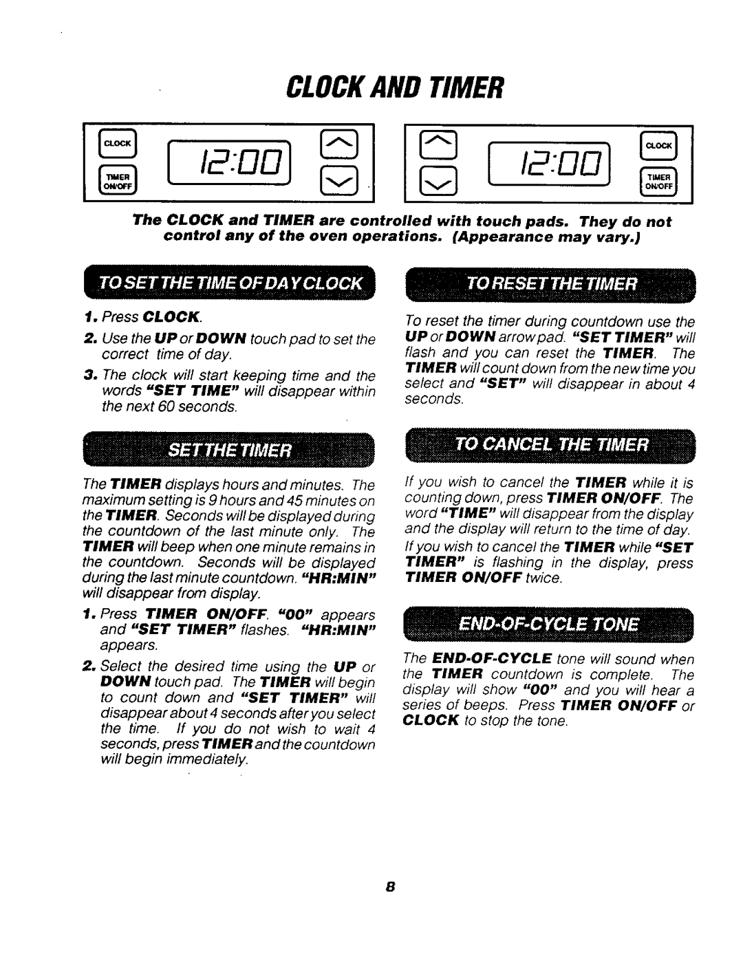 Sears 911.91765, 911.91768, 911.92768, 911.92761, 911.91468, 911.91461, 911.91761 owner manual Clockand Timer 