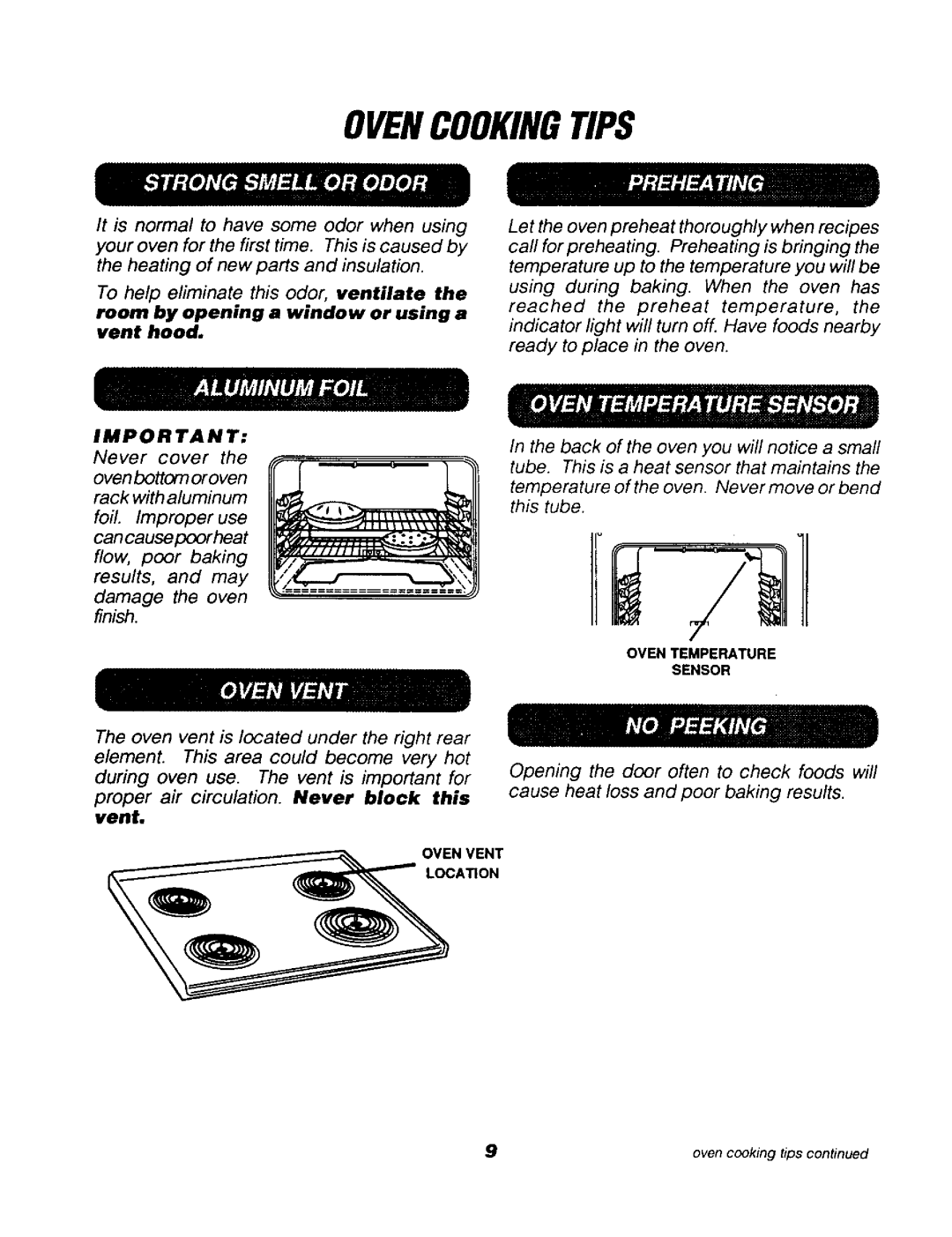 Sears 911.92768 Ovencookingtips, Opening the door often to check foods will, Cause heat loss and poor baking results 