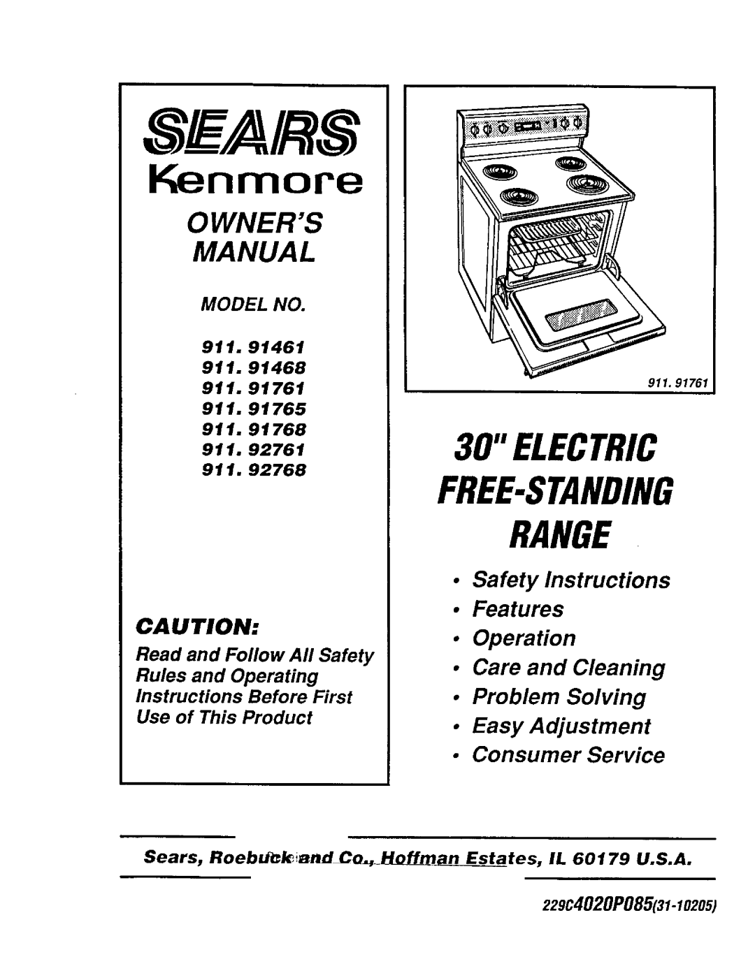 Sears 911.91765 owner manual Kenmore, Electric Free-Standingrange, Safety Instructions Features Operation, Model No 