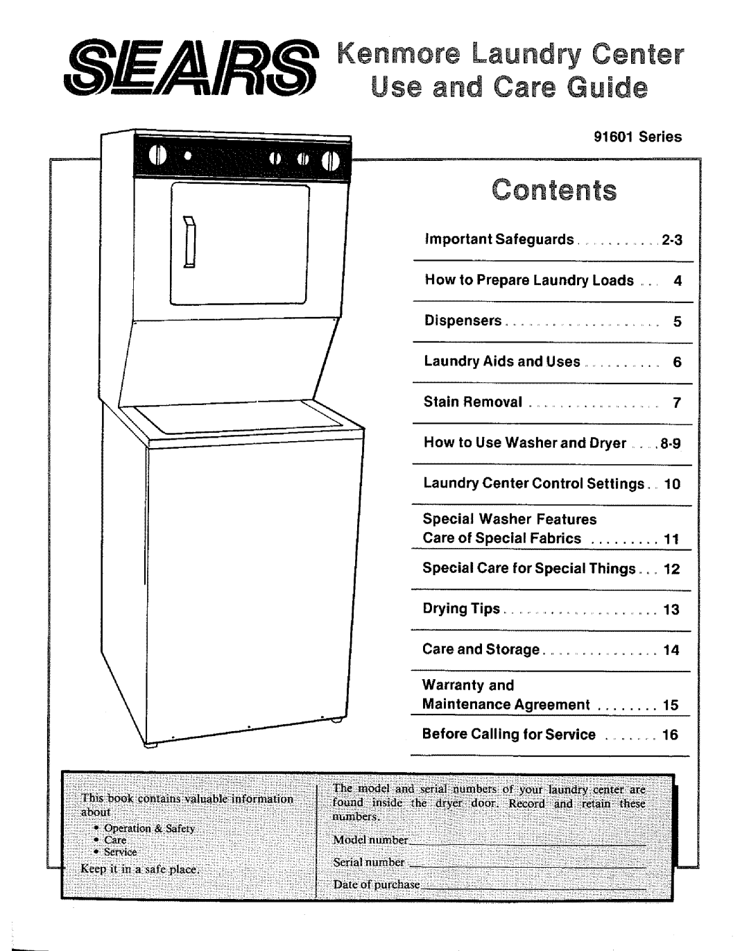 Sears 91601 warranty Kenmore Laundry Center Use and Care Guide 