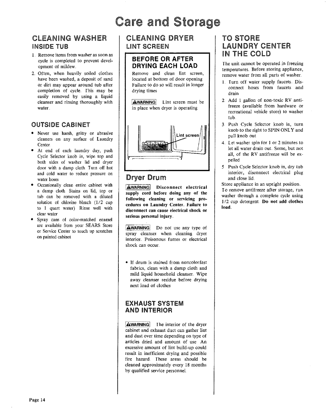 Sears 91601 warranty Cleaning Washer, Cleaning Dryer, To Store Laundry Center N the Cold, Dryer Drum, LiNT Screen 