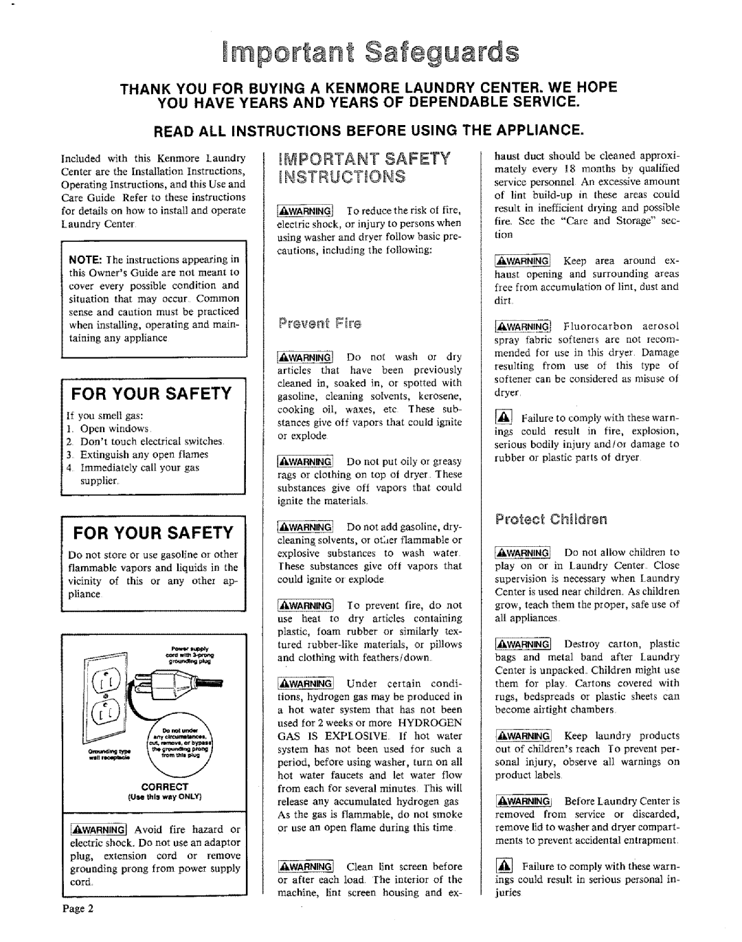 Sears 91601 warranty For Your Safety, PreveRt Fire, Protect Children 