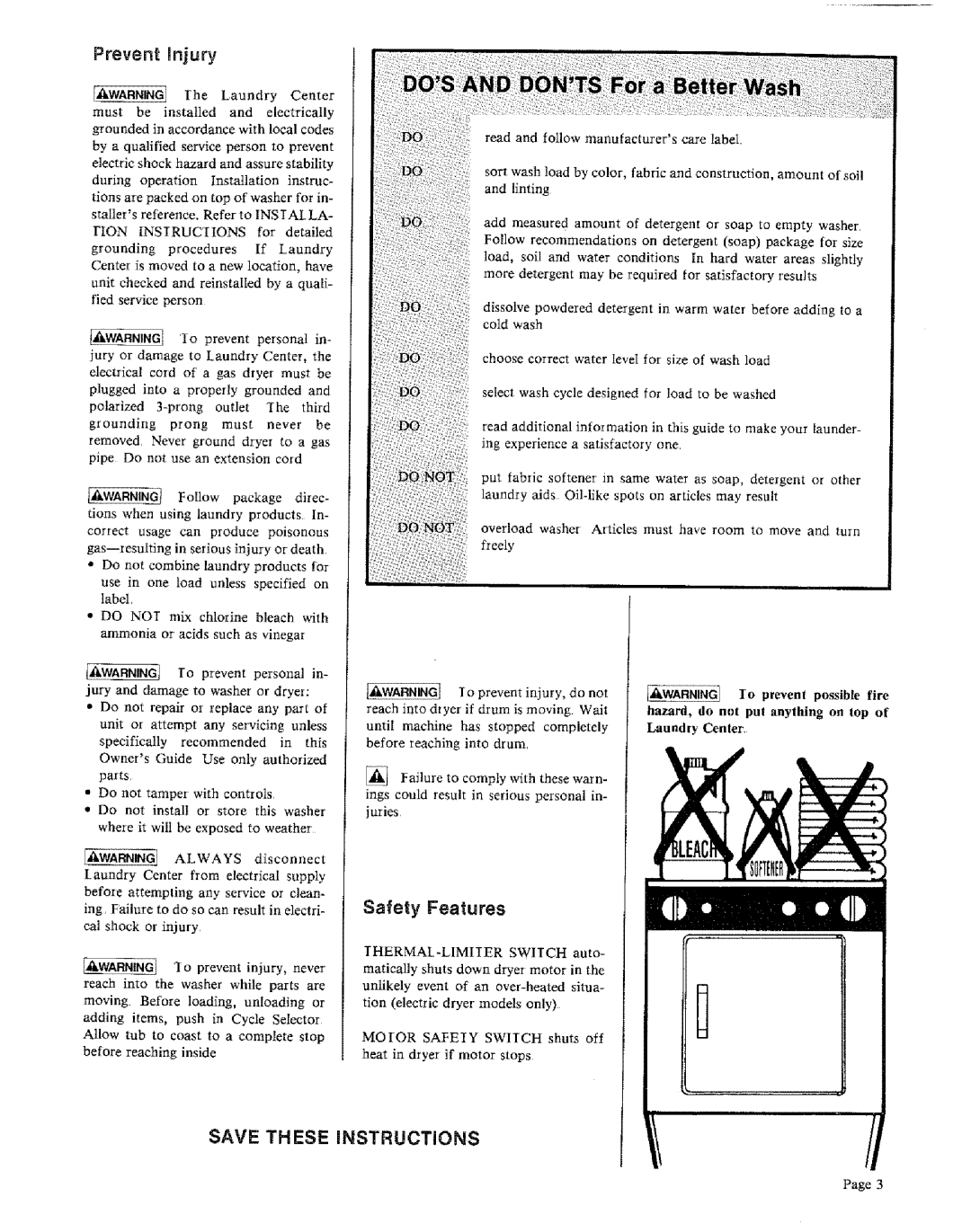 Sears 91601 warranty Safety Features, Prevent Injury 