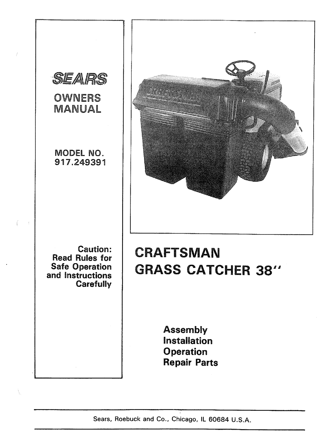 Sears 917.249391 manual Owners Manual, Model No, Caution: Read Rules for, Safe Operation and instructions Carefully 