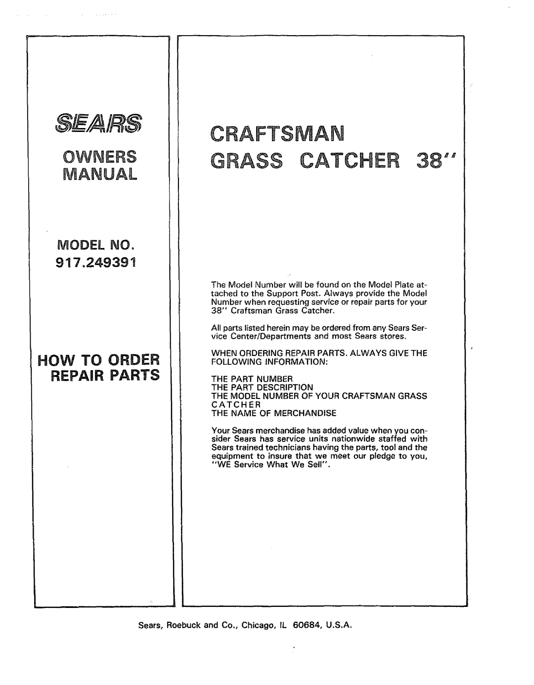Sears 917.249391 manual Owners, Manual, Craftsman Grass Catch, How To Order Repair Parts 