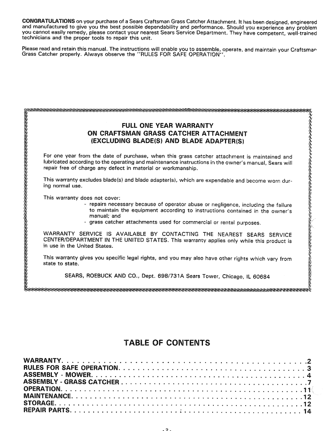 Sears 917.249391 manual Table, Of Contents 