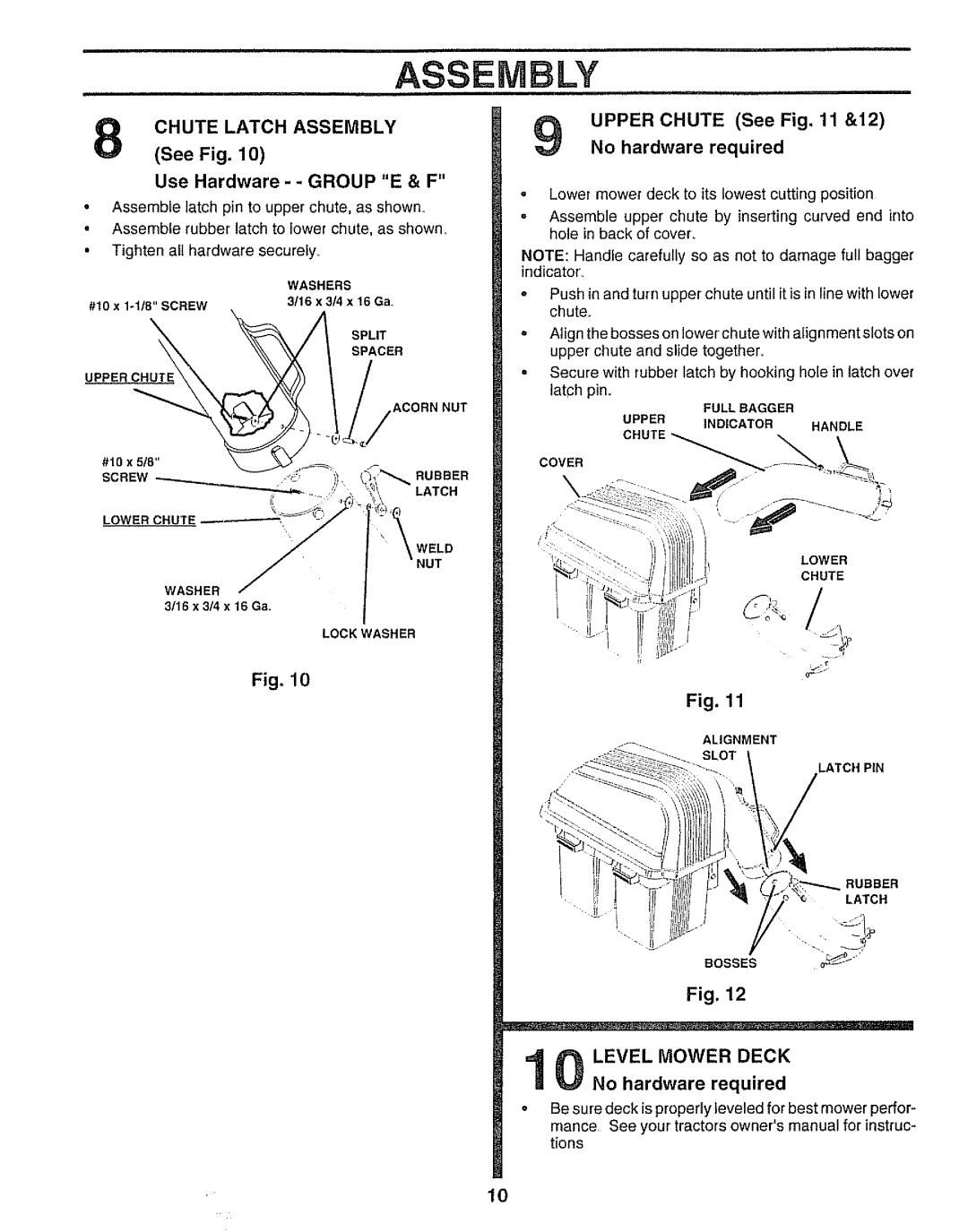 Sears 917.249491 owner manual Use Hardware - Group E & F, Level Mower Deck 