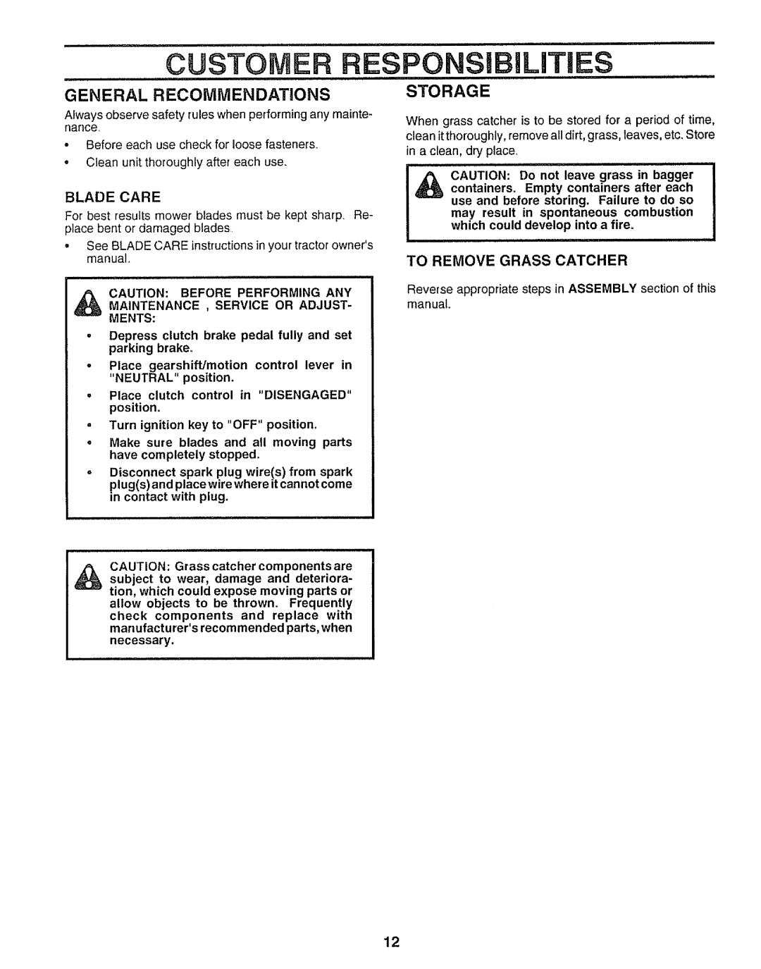 Sears 917.249491 General Recommendations, Storage, Ments, Depress clutch brake pedal fully and set parking brake 