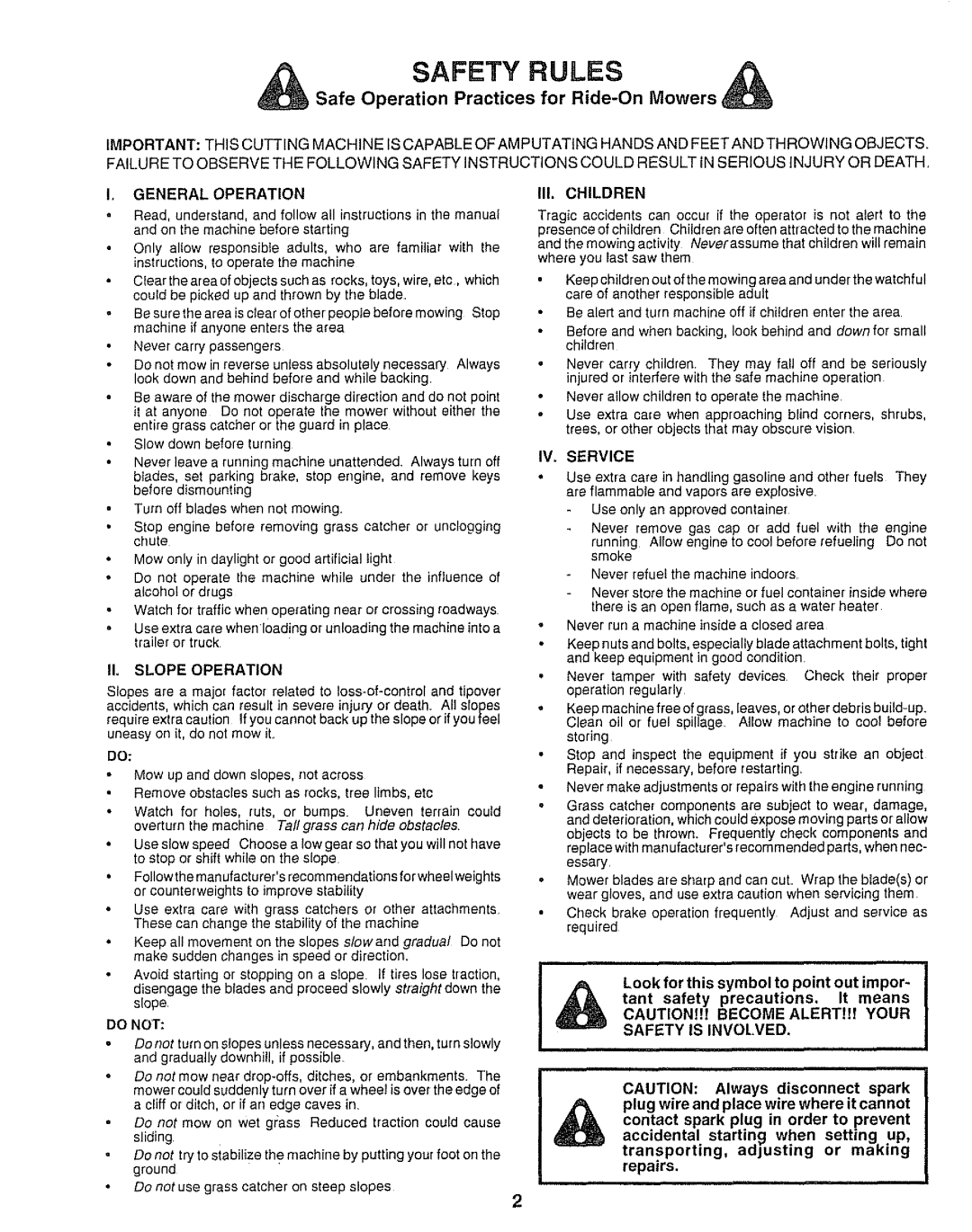 Sears 917.249491 owner manual Safe Operation Practices for Ride-On Mowers, IL Slope Operation, Safety is Involved 