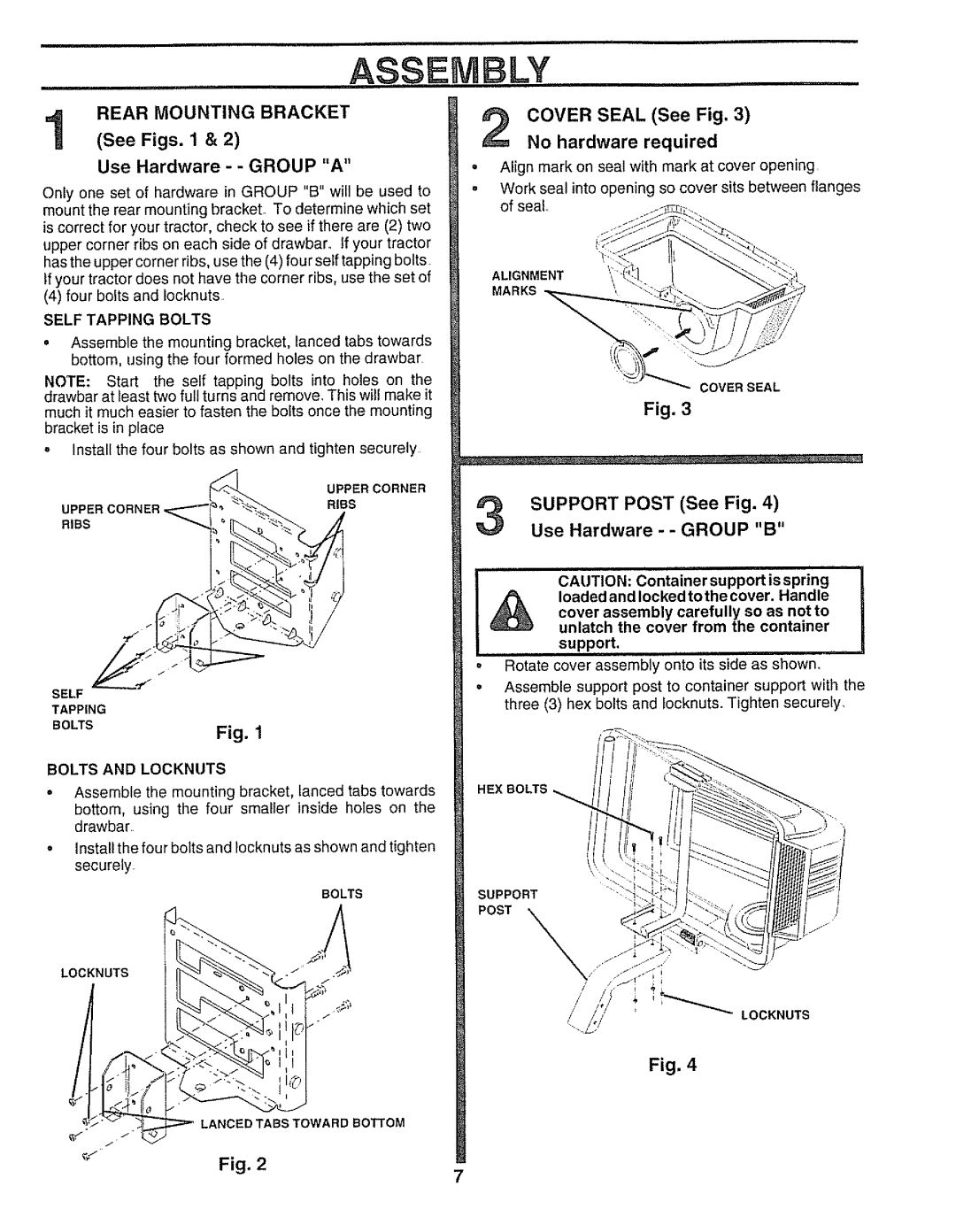 Sears 917.249491 owner manual Use Hardware - Group a, Support Post See Fig Use Hardware - Group B, Bolts and LOCKNI, JTS 