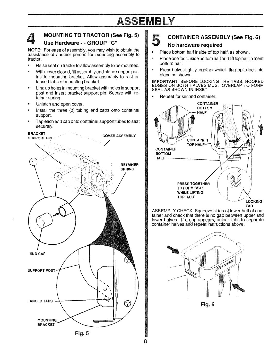 Sears 917.249491 Mounting to Tractor See Use Hardware - Group C, Container Assembly See Fig No hardware required 