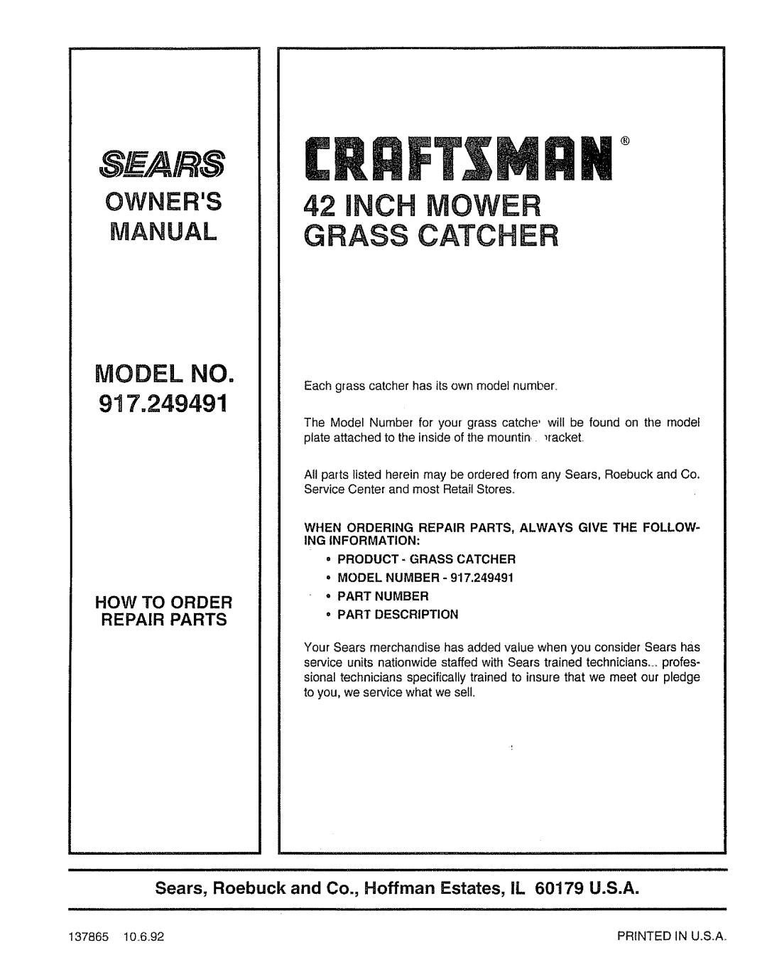 Sears 917.249491 owner manual iNCH MOWER GRASS CATCHER, Owners, Model No, How To Order Repair Parts, S _Ai S, Manual 
