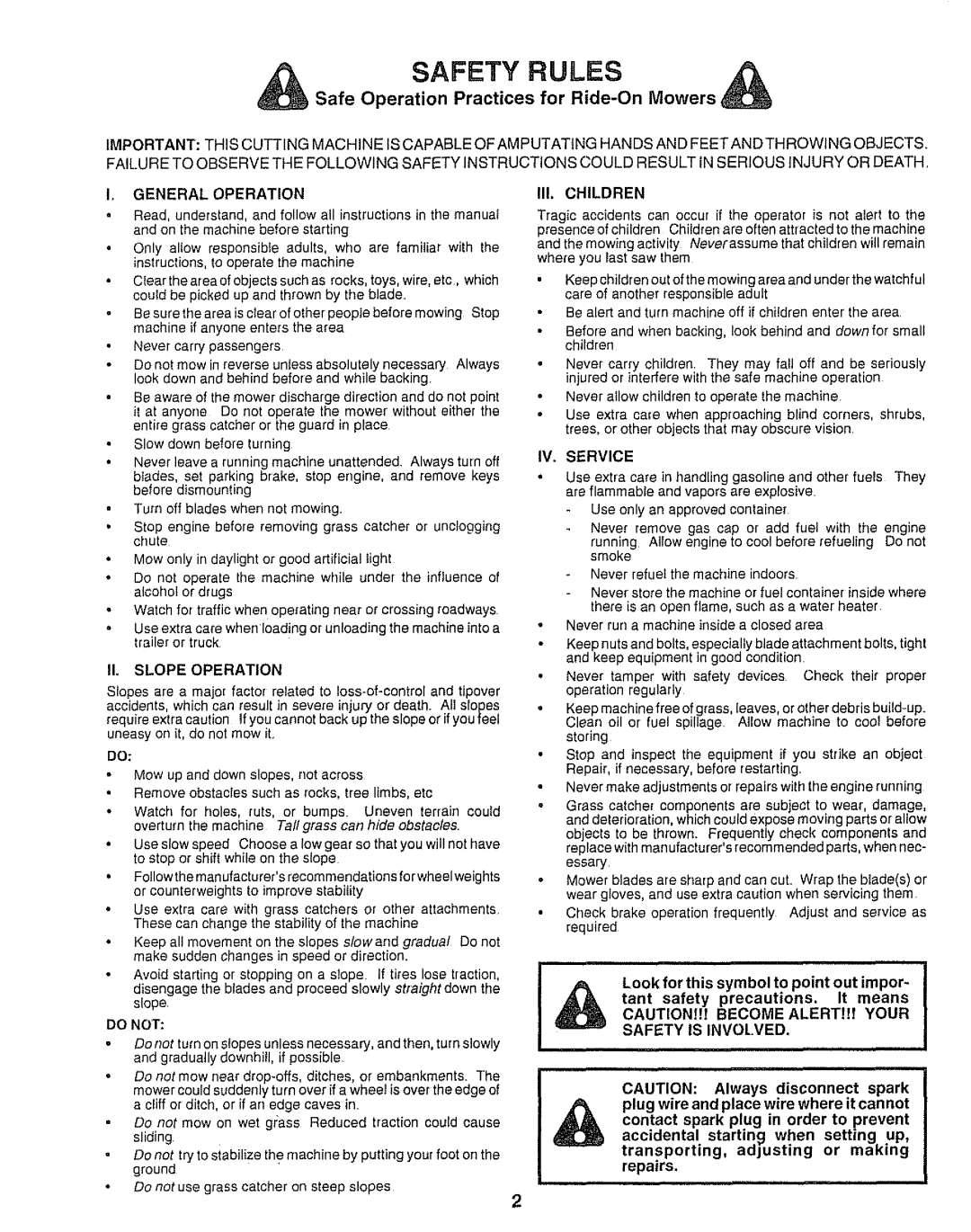 Sears 917.249491 owner manual Safety Rules, Safe Operation Practices for Ride-OnMowers, Iv. Service 