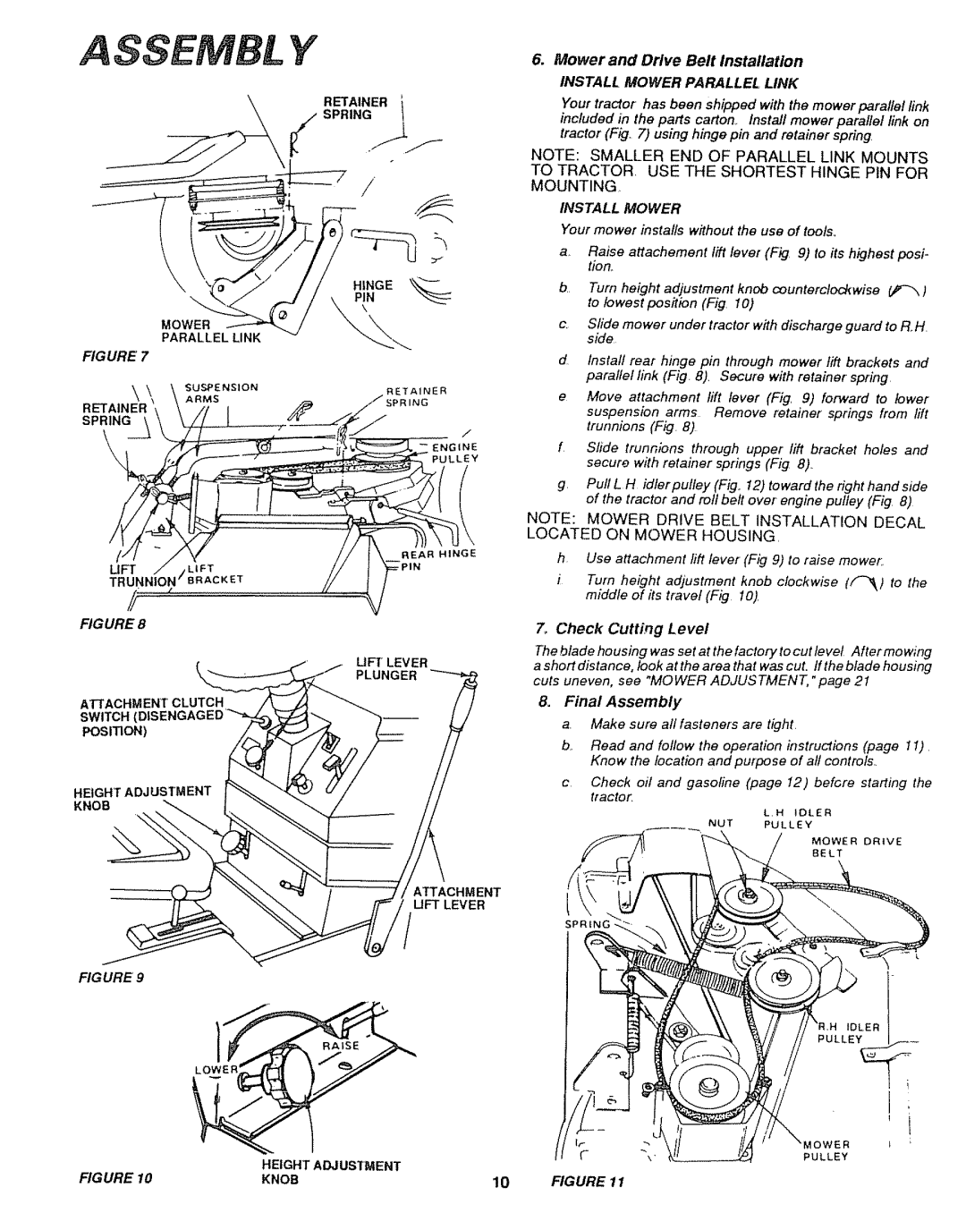 Sears 917.25004, 917.25446 owner manual Assembly, Mower and Drive Belt Installation 