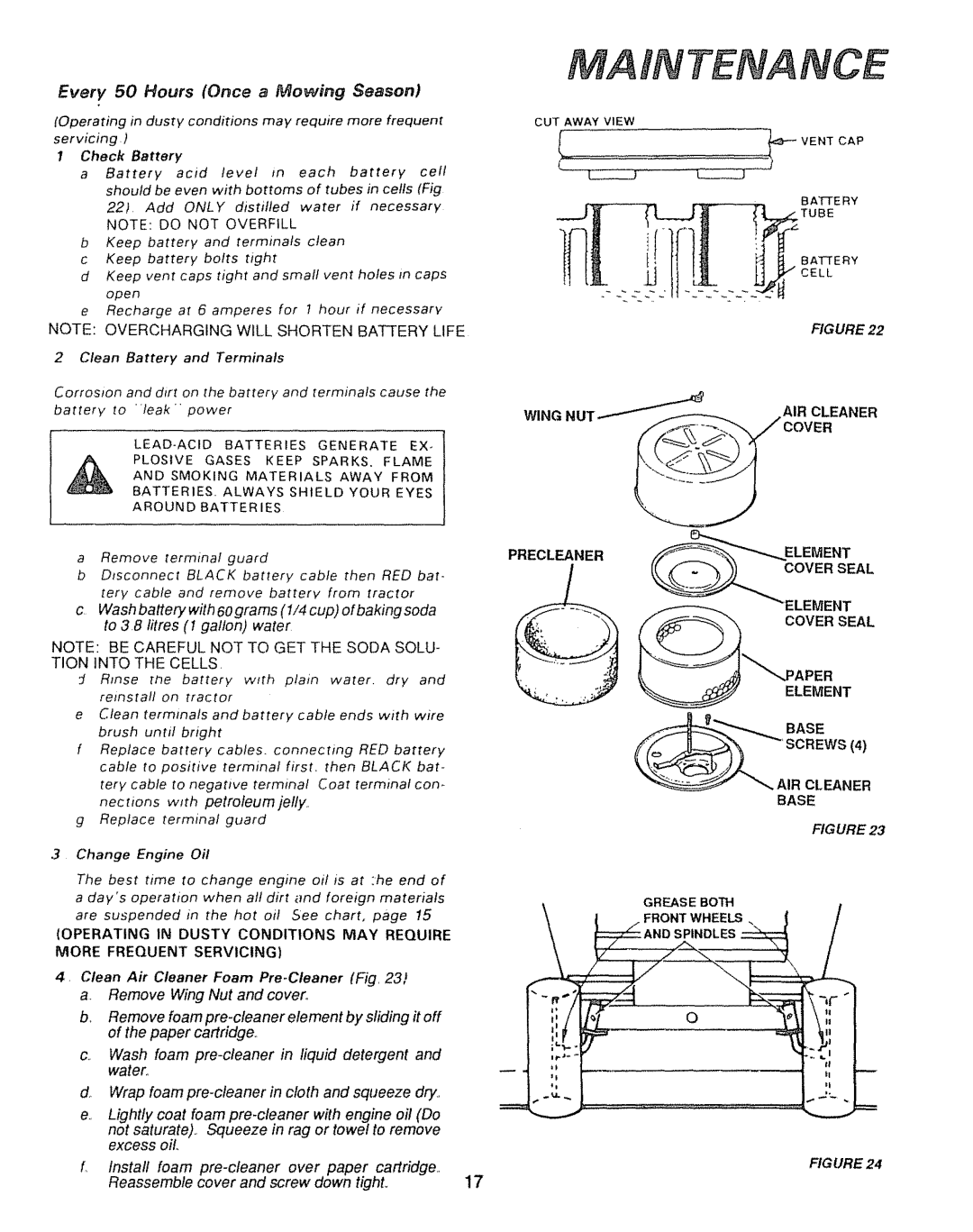 Sears 917.25446, 917.25004 owner manual Every 50 Hours Once a Mowing Season, Check Battery 