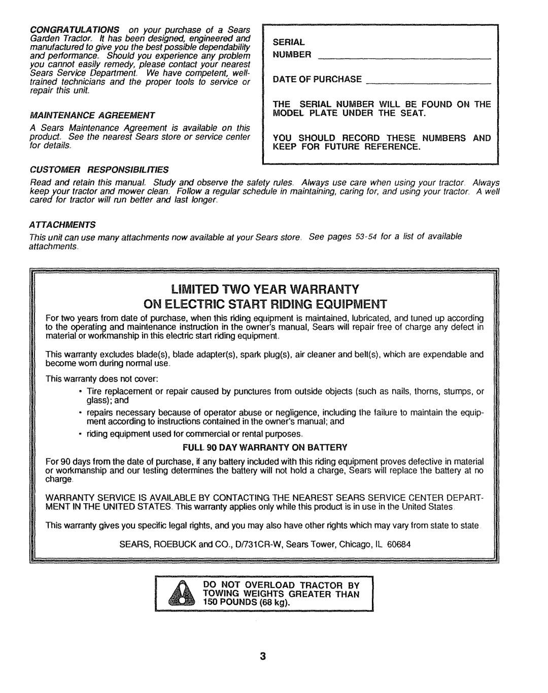 Sears 917.25446, 917.25004 owner manual Serial, Number Date of Purchase, Full 90 DAY Warranty on Battery 