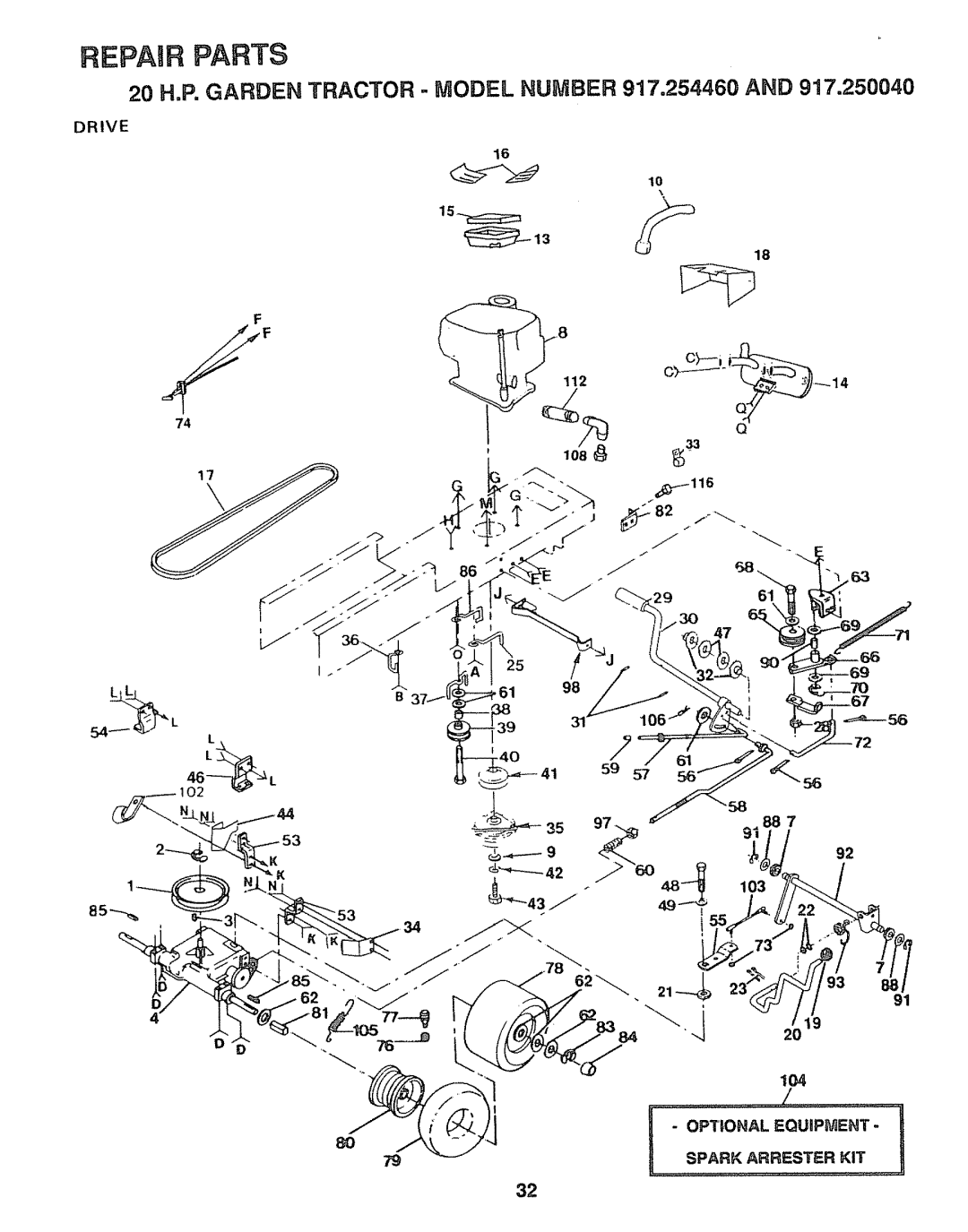 Sears 917.25004, 917.25446 owner manual Drive, Ptional Equipment, Spark Arrester 