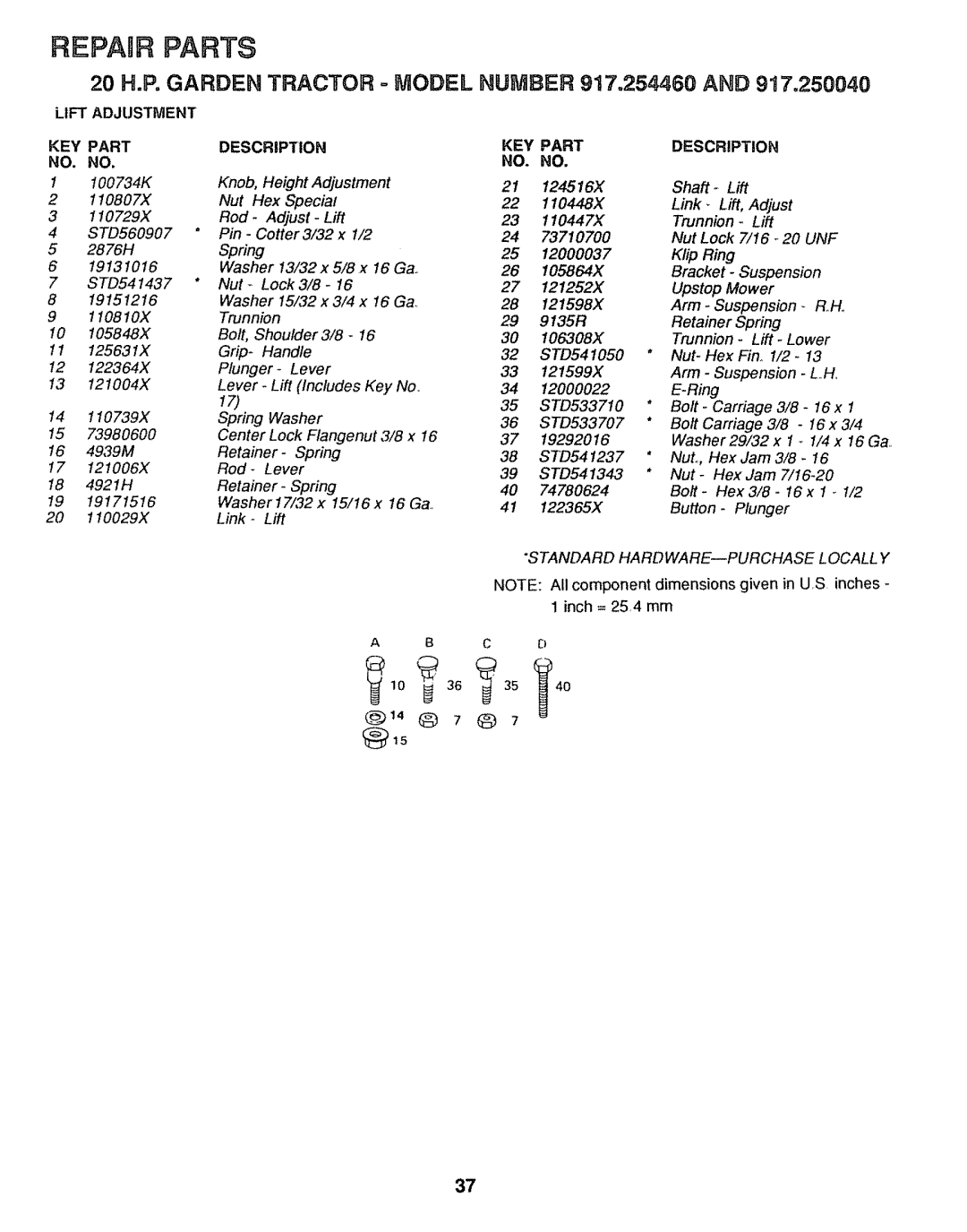 Sears 917.25446, 917.25004 owner manual Lift Adjustment KEY Part Description, 100734K, 121598X, 110739X 