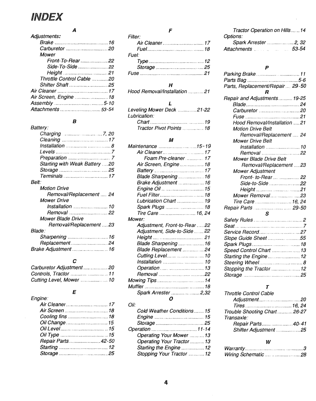 Sears 917.25004, 917.25446 owner manual Index 